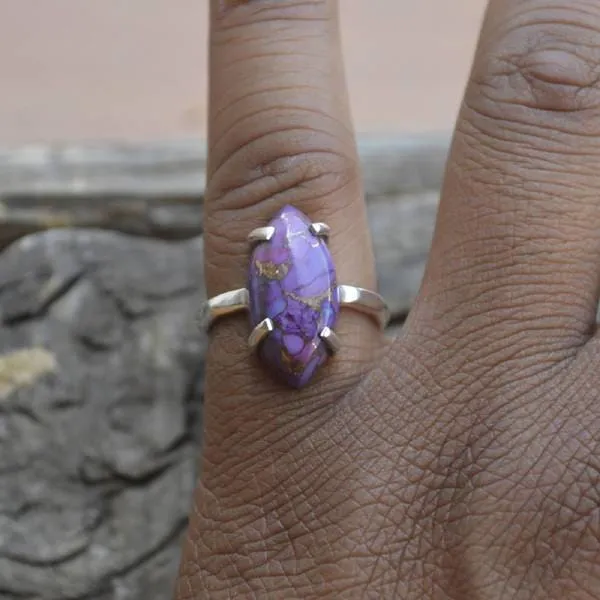 Marquise Purple Turquoise Gemstone 925 Sterling Silver Artisan Handmade Ring, Turquoise Jewelry, Nickel Free, Prong Set Ring