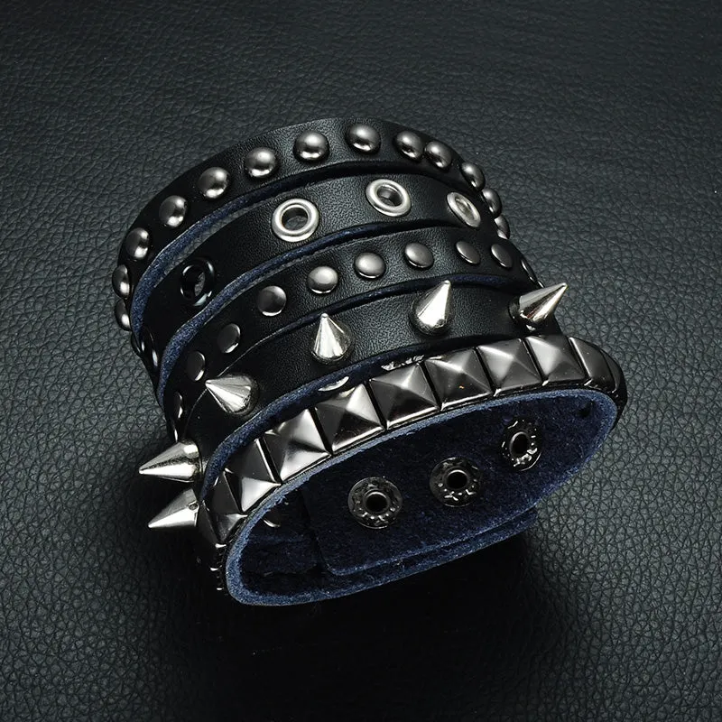 Metal Studs, Spikes and Pyramid Studs Leather Bracelet