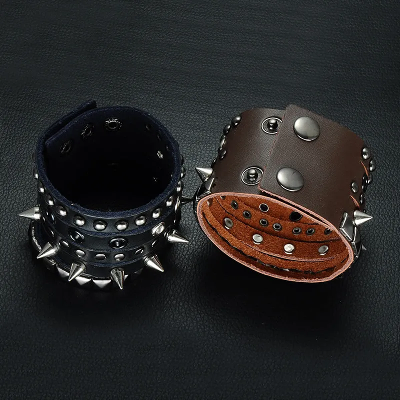 Metal Studs, Spikes and Pyramid Studs Leather Bracelet