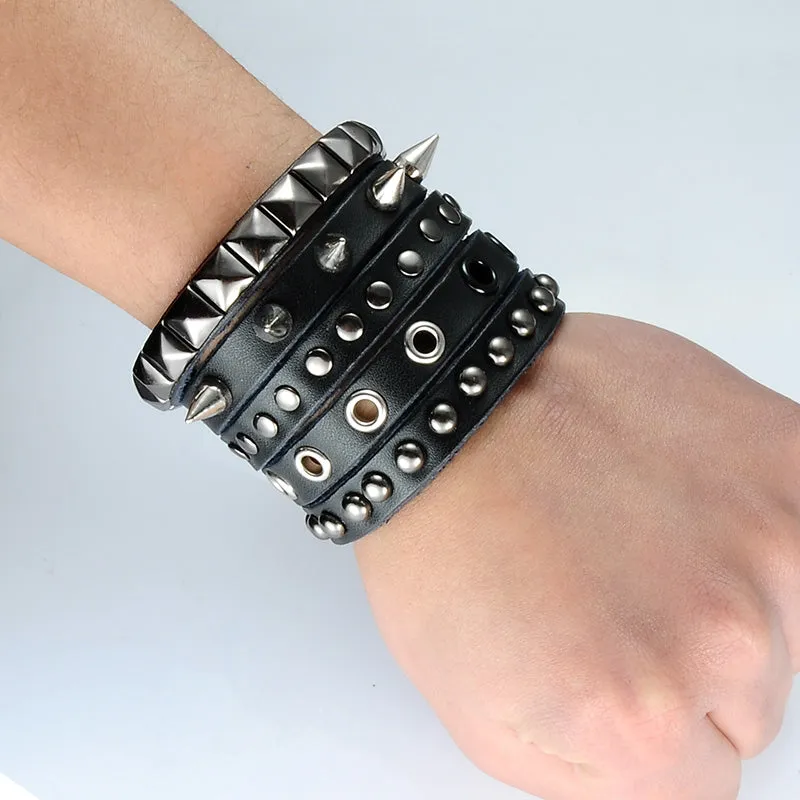 Metal Studs, Spikes and Pyramid Studs Leather Bracelet