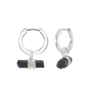 MINI ROUGH GEM - HOOP EARRINGS - BLACK TOURMALINE - SILVER