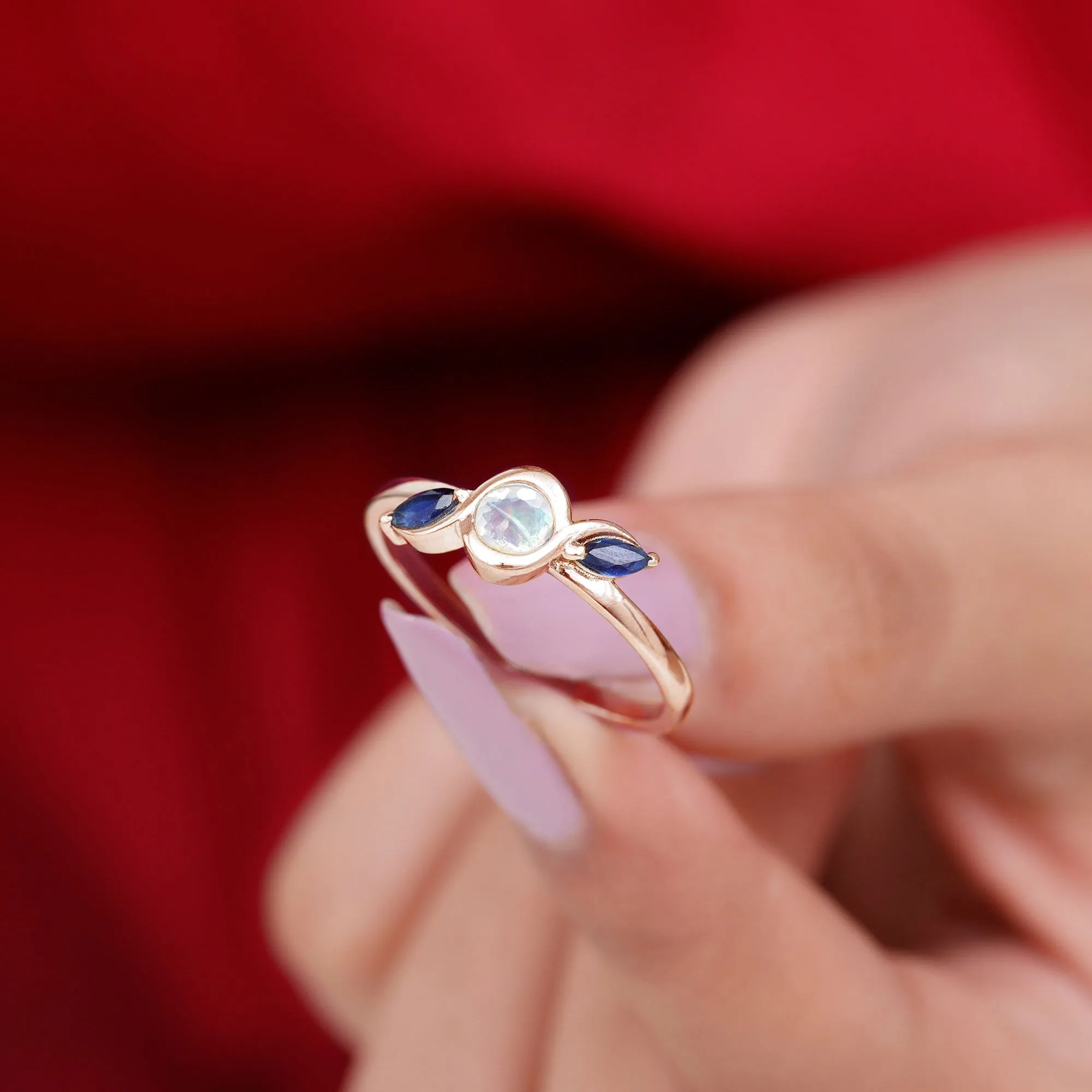 Minimal Ethiopian Opal and Blue Sapphire Leaf Promise Ring