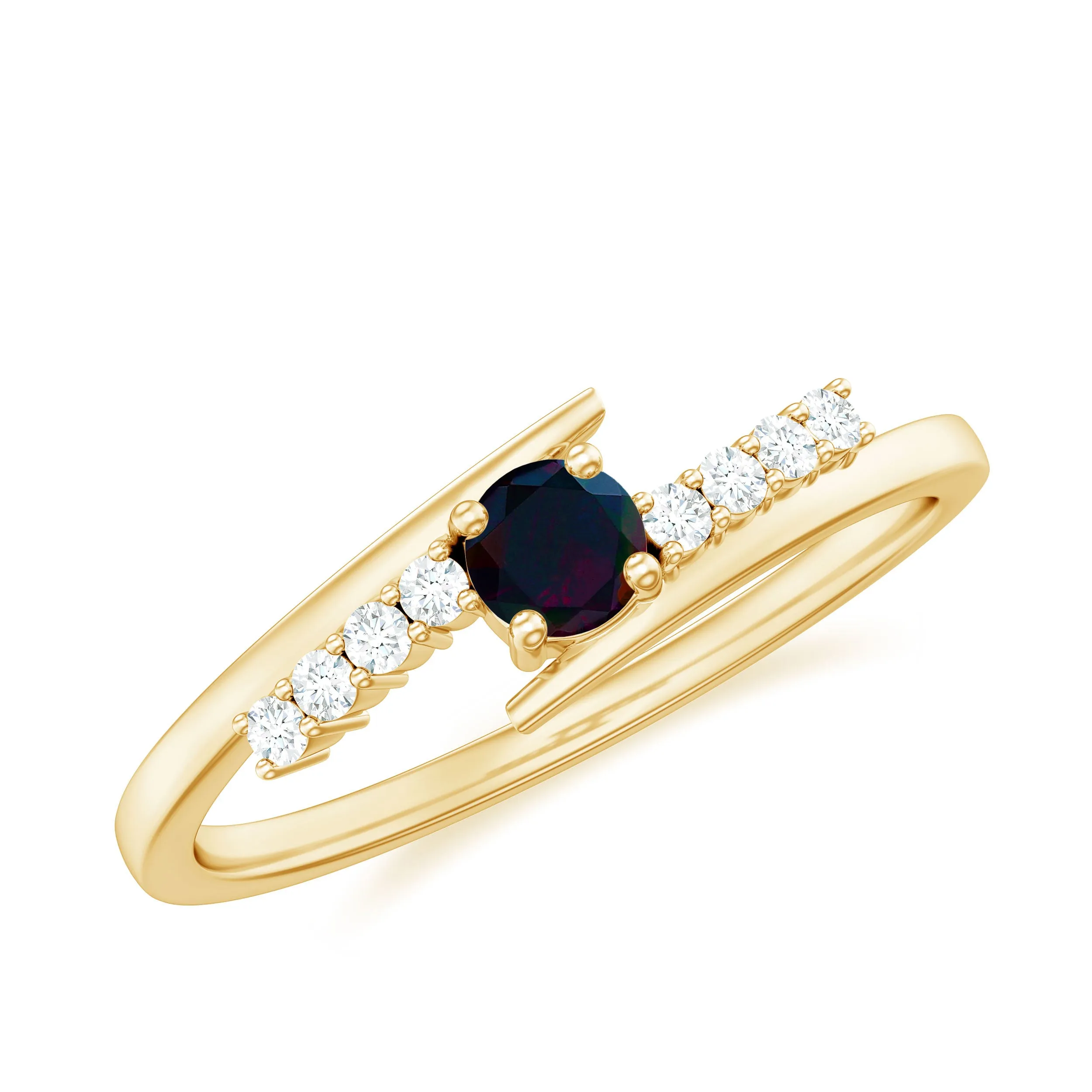 Minimal Round Black Opal and Diamond Bypass Promise Ring