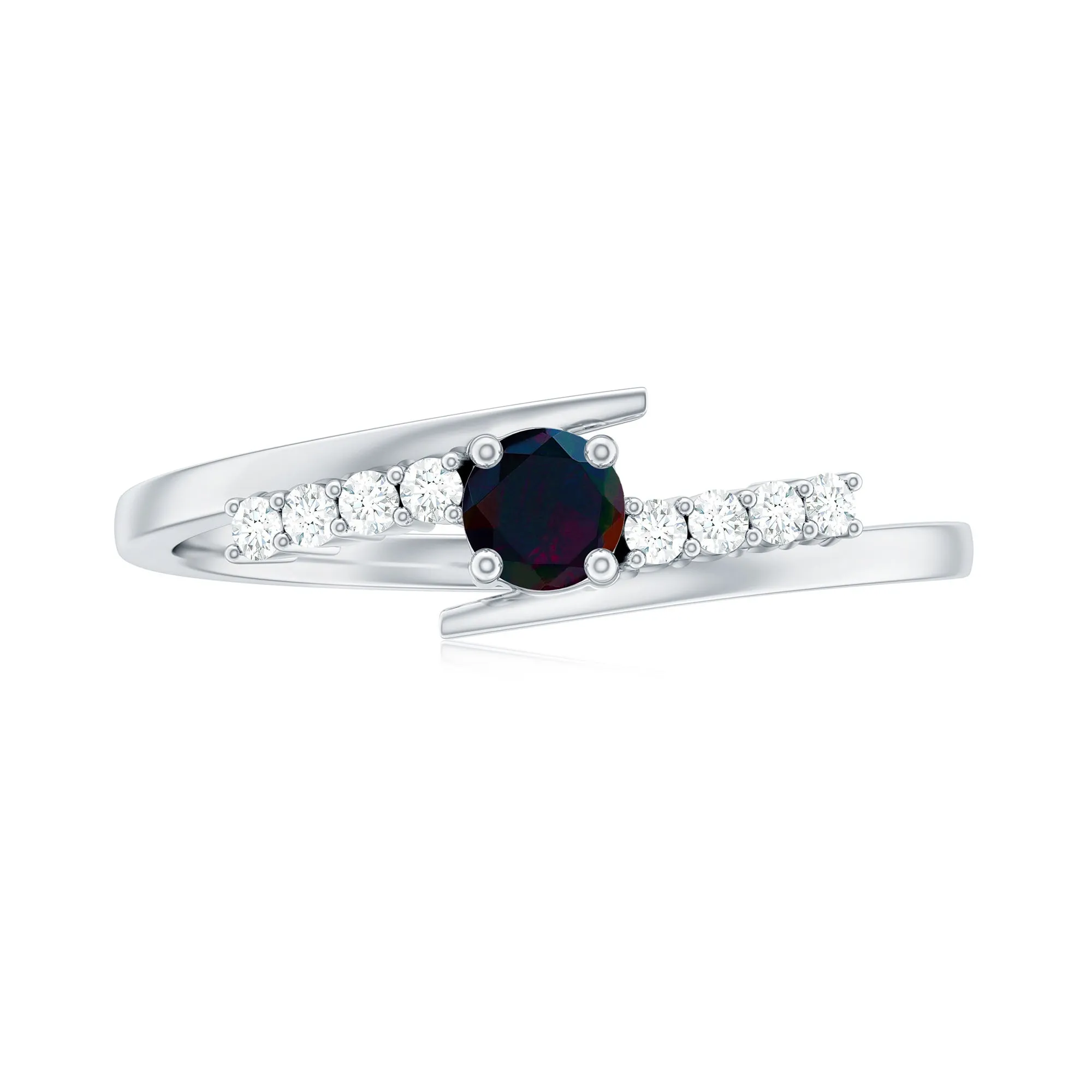 Minimal Round Black Opal and Diamond Bypass Promise Ring