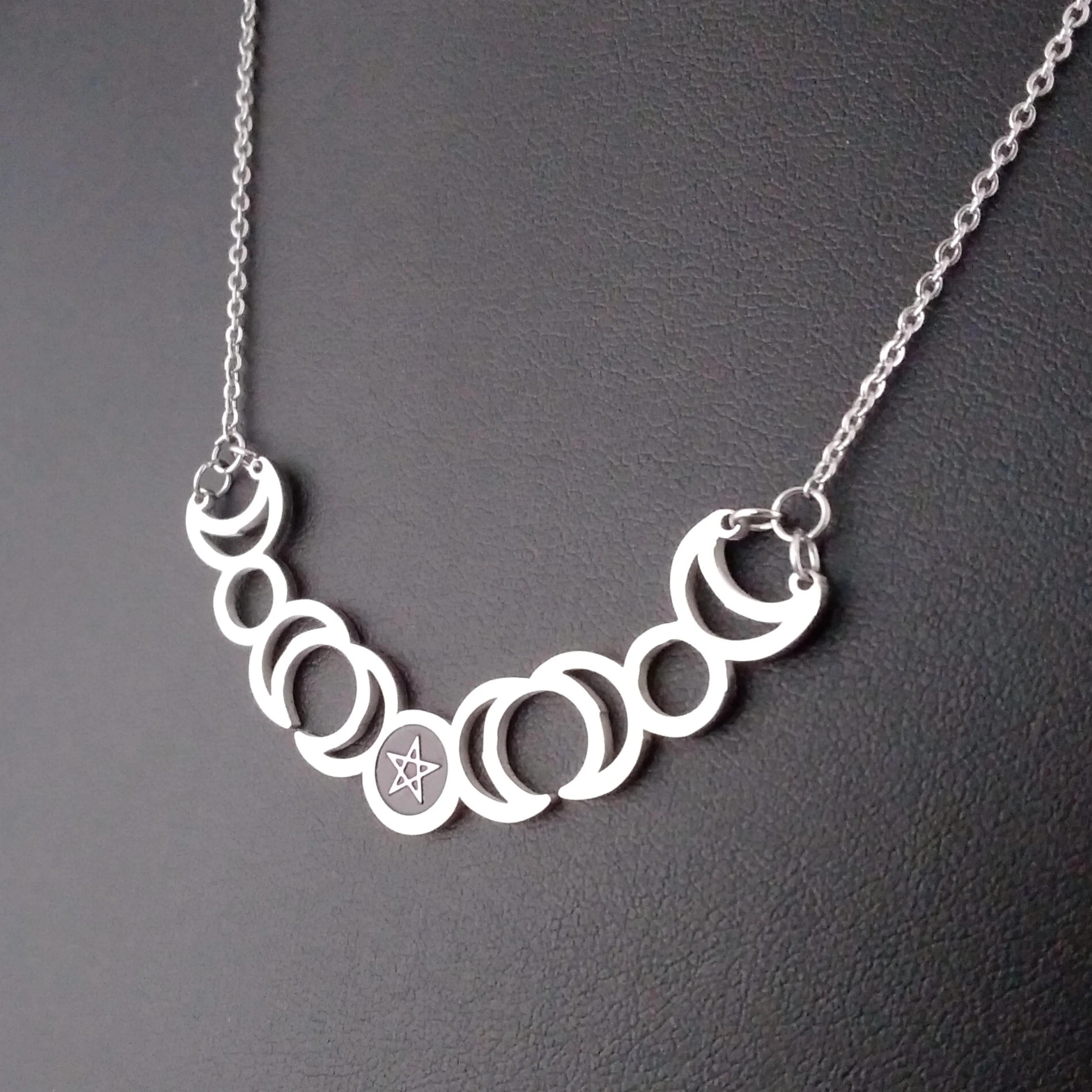 Moon Phase Necklace Silver Pentagram