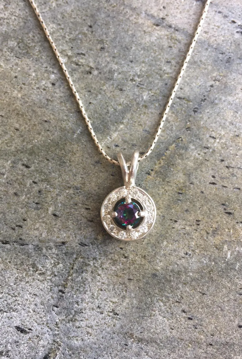 Mystic Topaz Vintage Necklace - Purple Gemstone Pendant - Halo Mystic Topaz Necklace