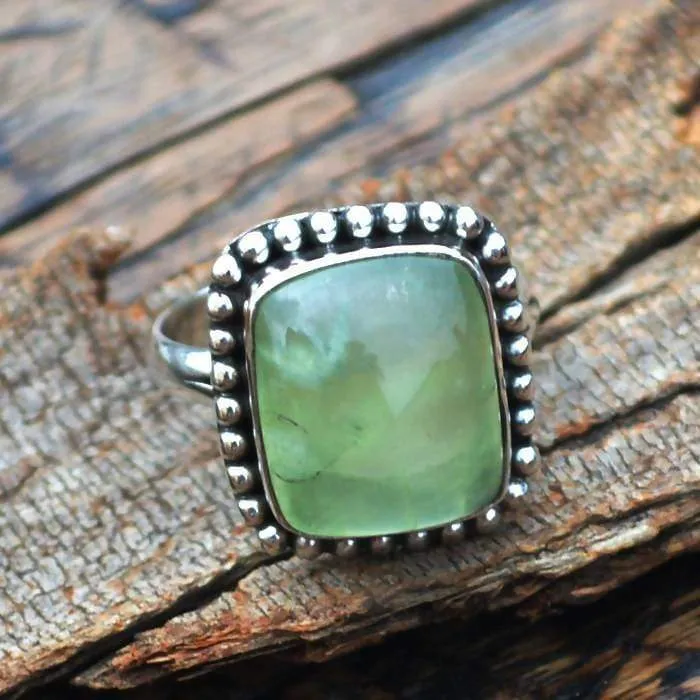 Natural Prehnite Gemstone Ring, 925 Sterling Silver Prehnite Ring, Designer Bezel Work Ring, Natural Prehnite Custom Ring