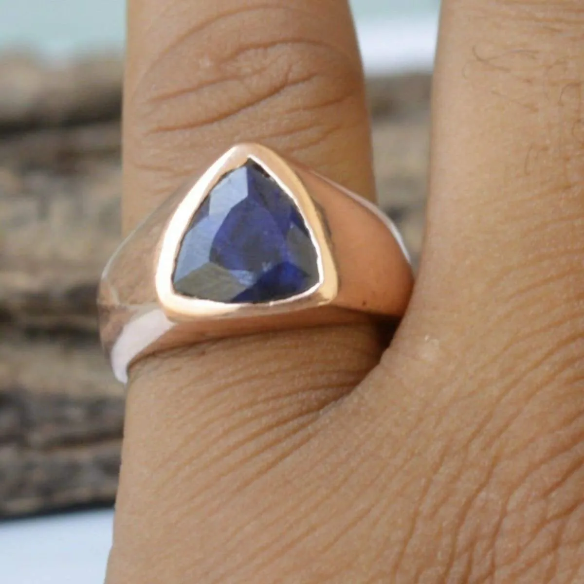 Natural Trillion Blue Sapphire Gemstone Sterling Silver Rose Gold Filled Ring Jewelry, Artisan Handmade Gift Ring, Sapphire Jewelry, Nickel Free Ring