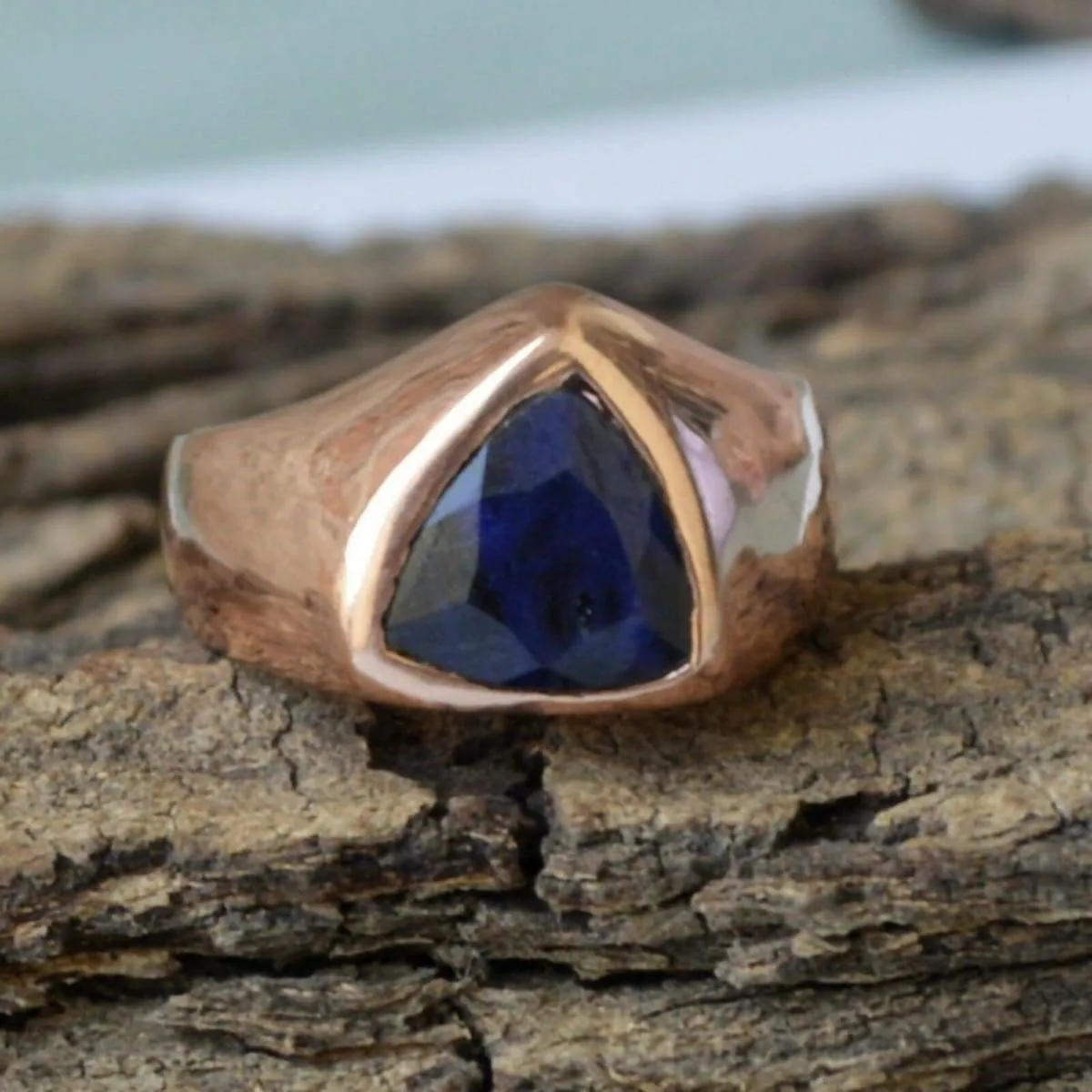 Natural Trillion Blue Sapphire Gemstone Sterling Silver Rose Gold Filled Ring Jewelry, Artisan Handmade Gift Ring, Sapphire Jewelry, Nickel Free Ring