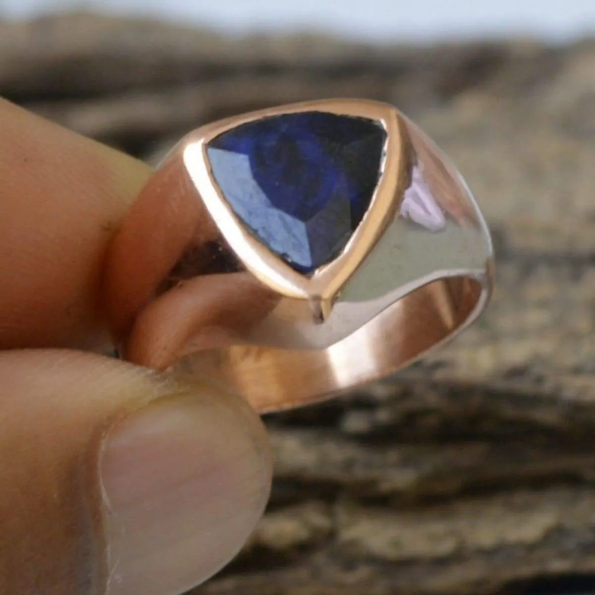 Natural Trillion Blue Sapphire Gemstone Sterling Silver Rose Gold Filled Ring Jewelry, Artisan Handmade Gift Ring, Sapphire Jewelry, Nickel Free Ring