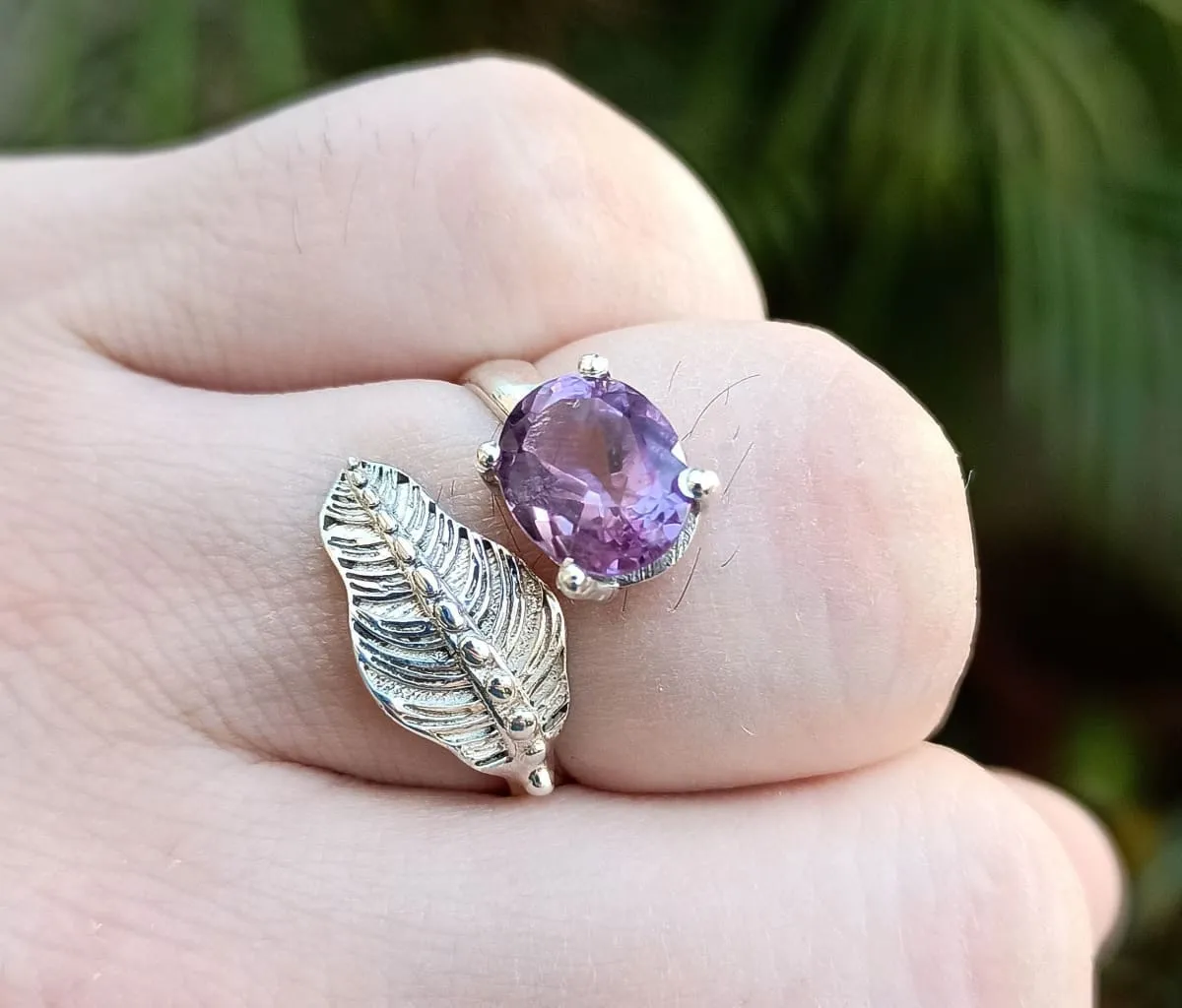 Navya Craft Amethyst Oval 925 Solid Sterling Silver Handmade Women Leaf Ring