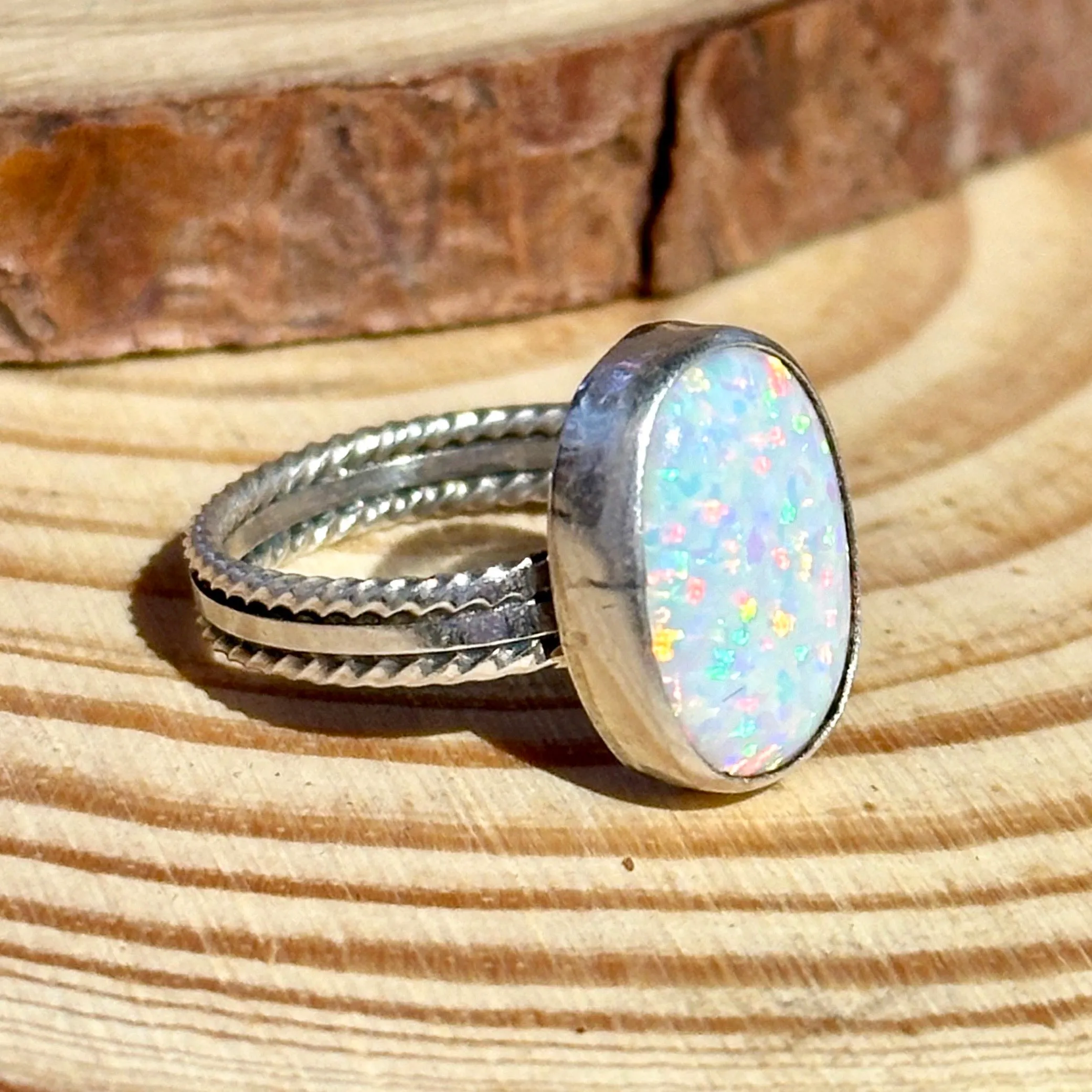 NEW LIGHT Sterling Silver and Lab Opal Navajo Ring • Multiple sizes available