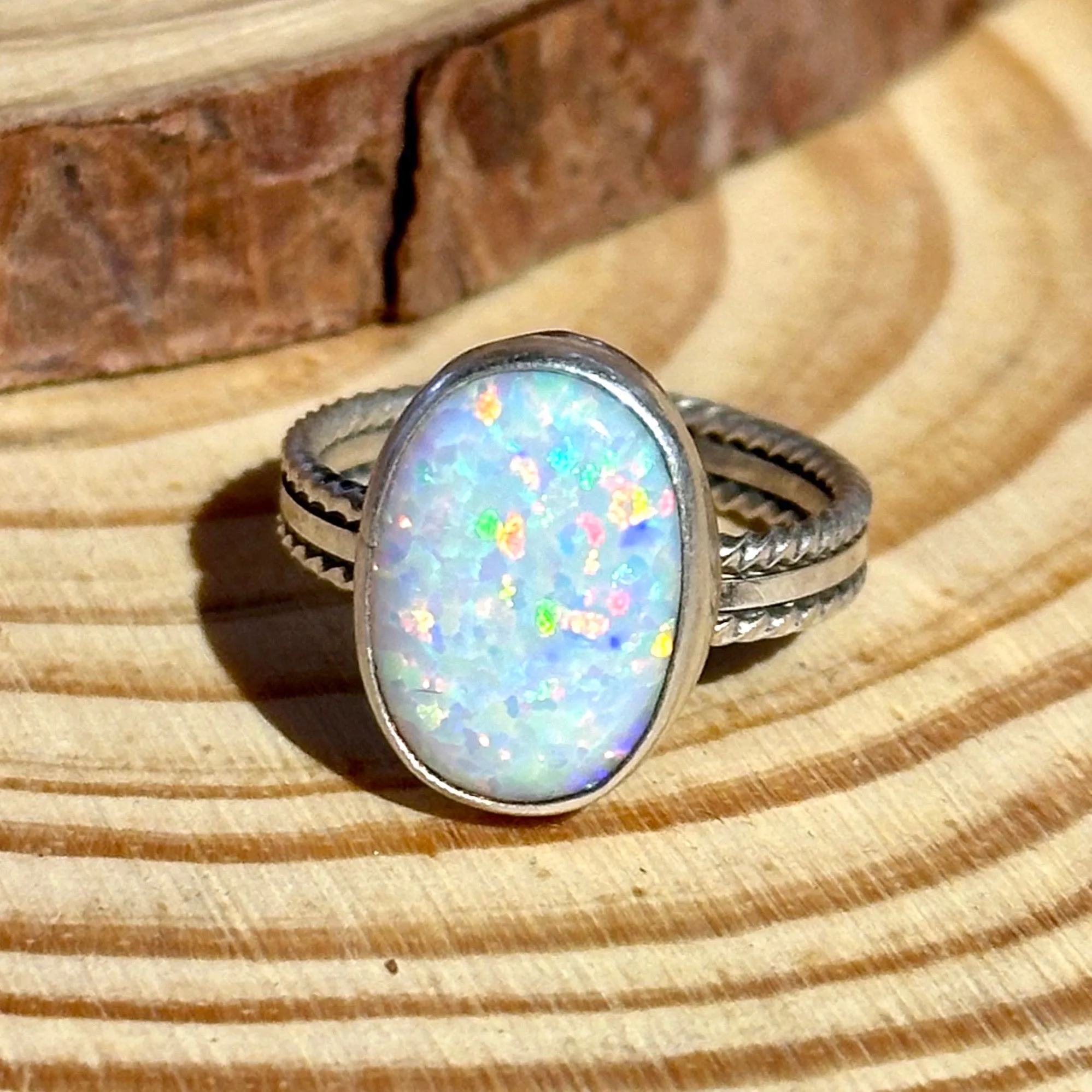 NEW LIGHT Sterling Silver and Lab Opal Navajo Ring • Multiple sizes available