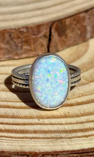 NEW LIGHT Sterling Silver and Lab Opal Navajo Ring • Multiple sizes available