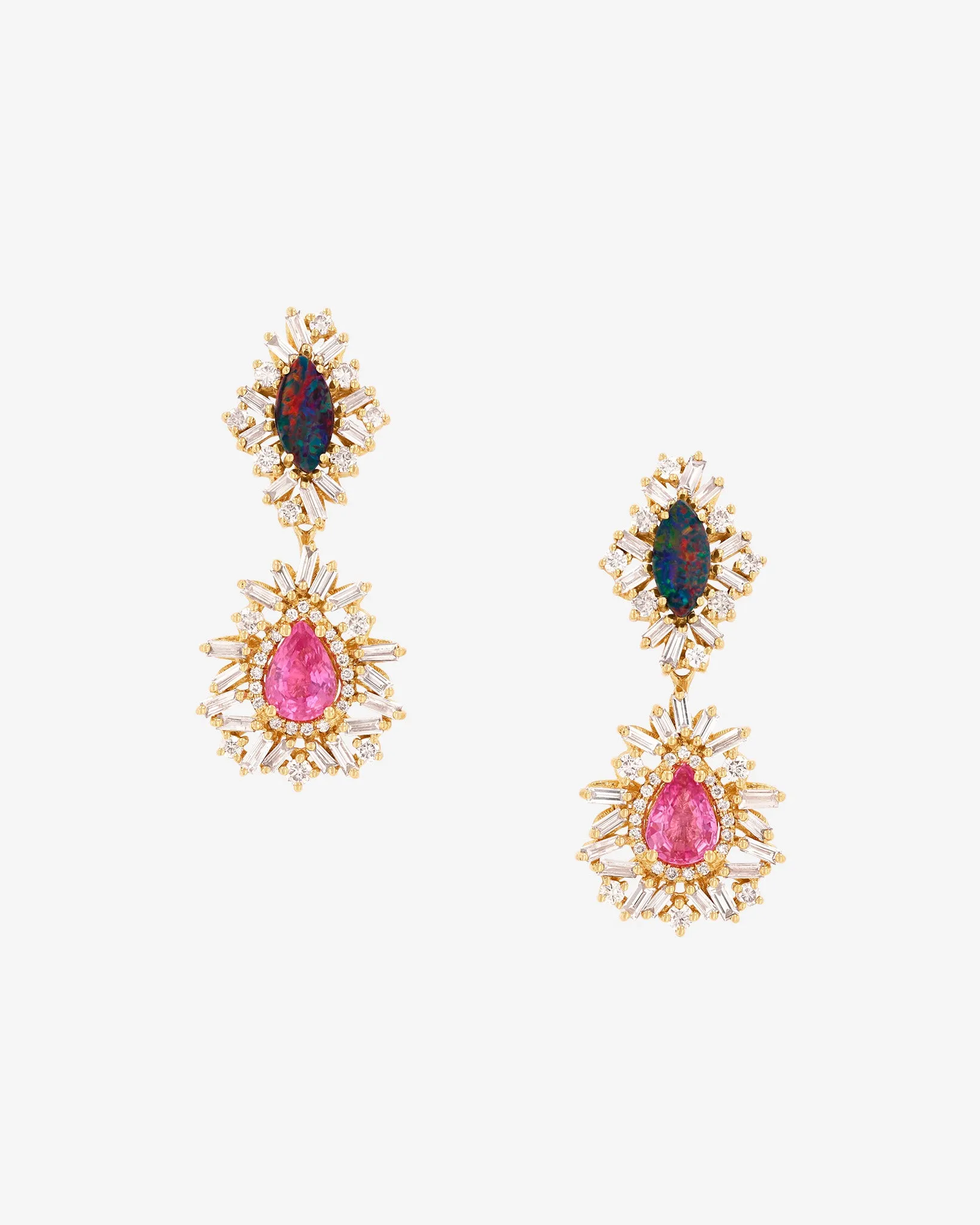 One of a Kind Opal Doublet & Pink Sapphire Tear Drop Earrings