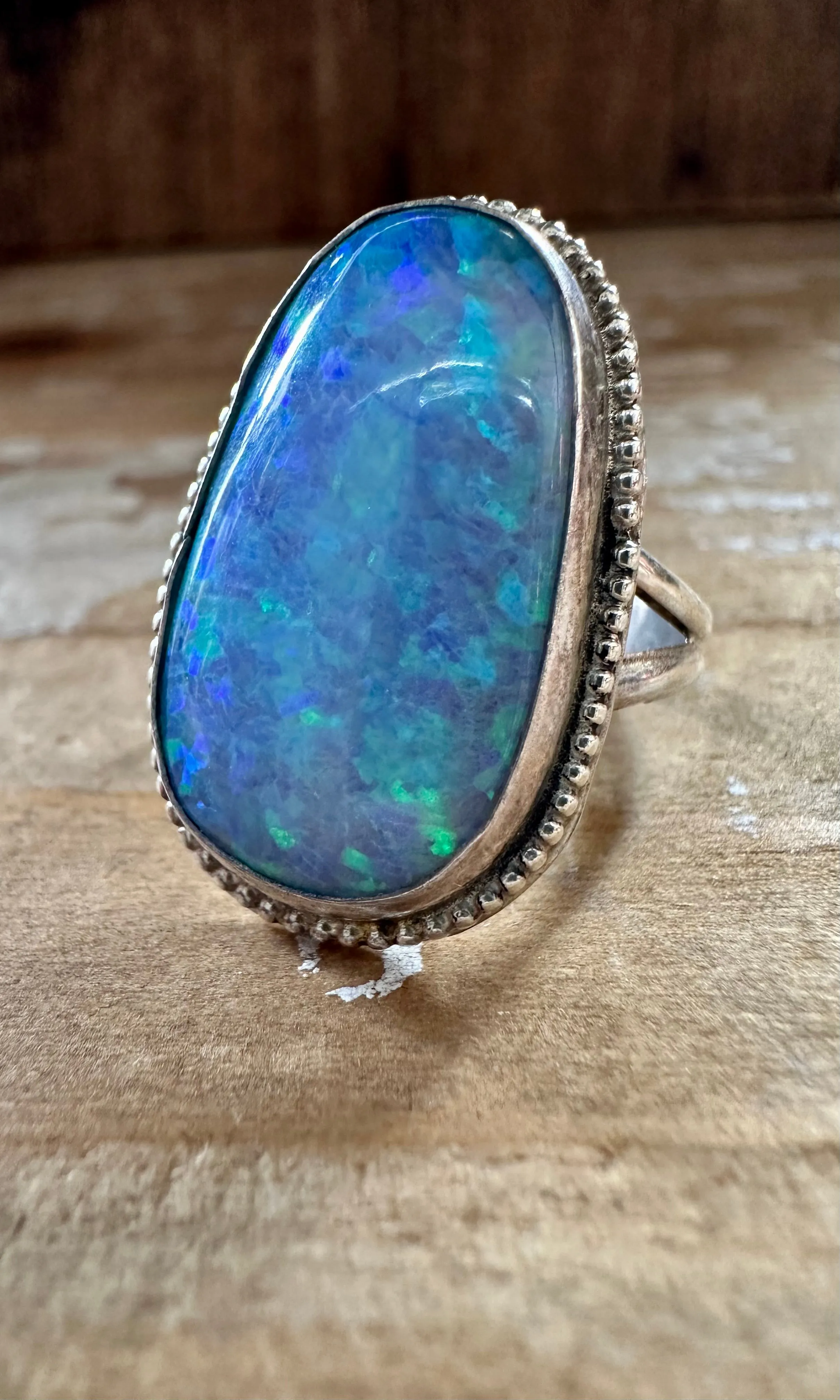 OPAL MOON BEAM Sterling Silver and Lab Opal Ring • Size 8