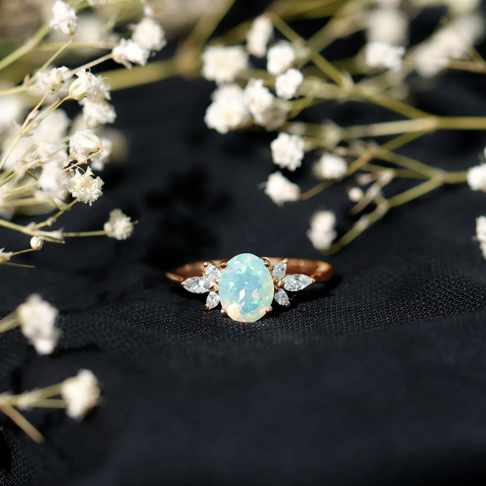 Oval Ethiopian Opal Designer Engagement Ring with Diamond Petal