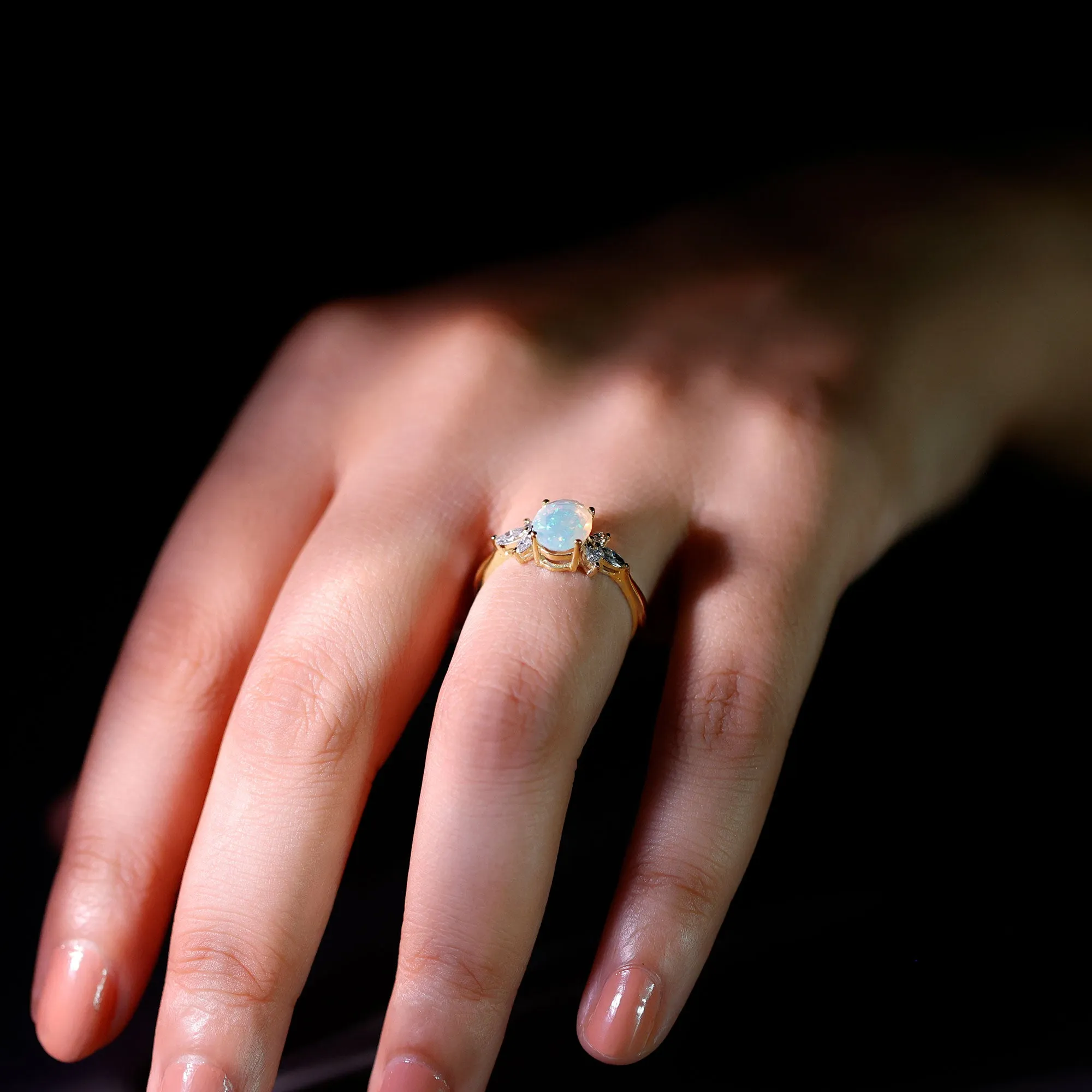 Oval Ethiopian Opal Designer Engagement Ring with Diamond Petal