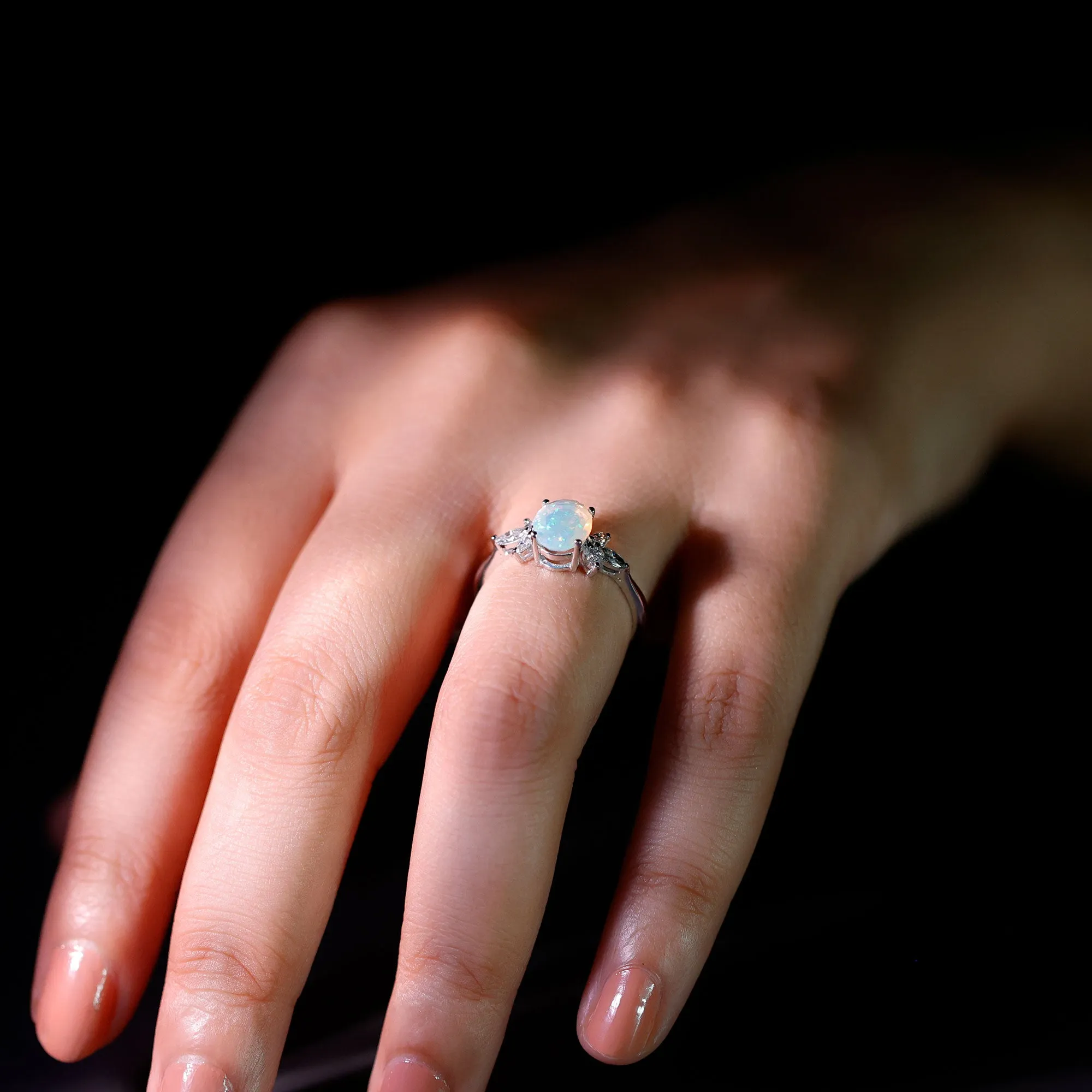 Oval Ethiopian Opal Designer Engagement Ring with Diamond Petal