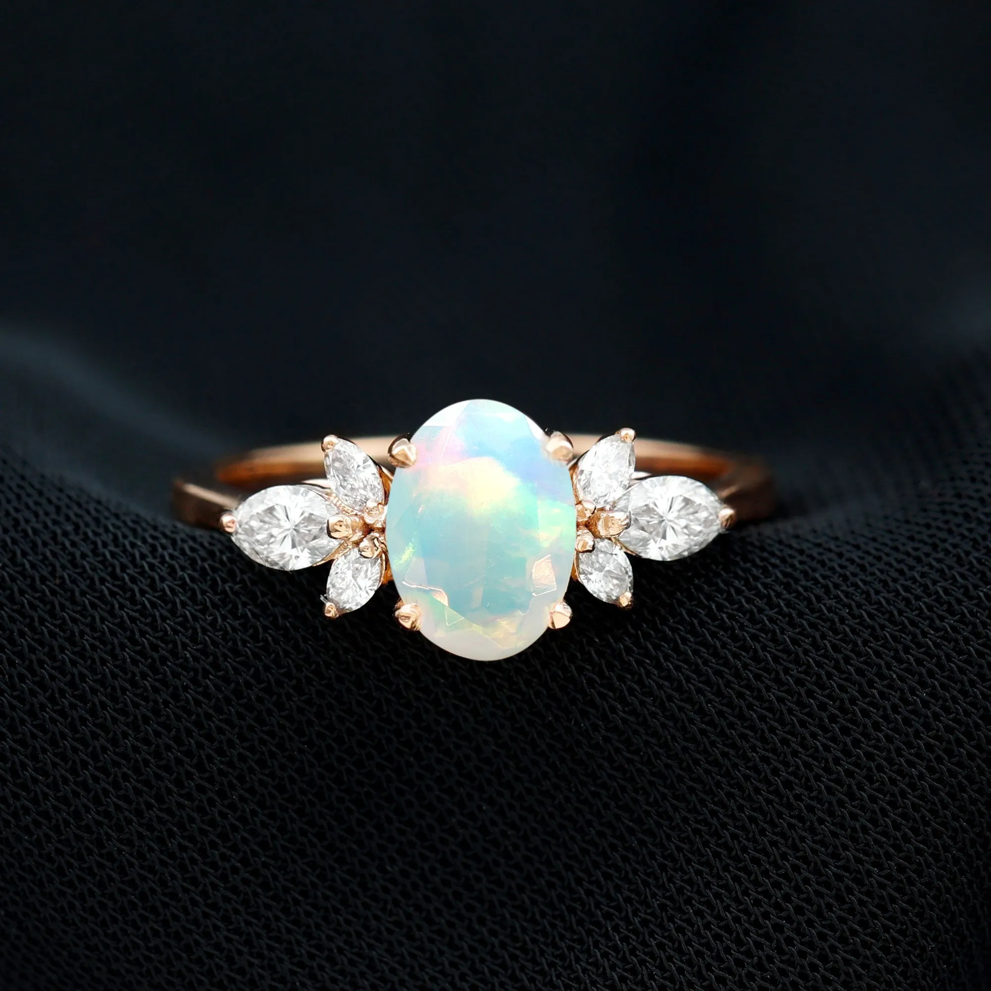 Oval Ethiopian Opal Designer Engagement Ring with Diamond Petal