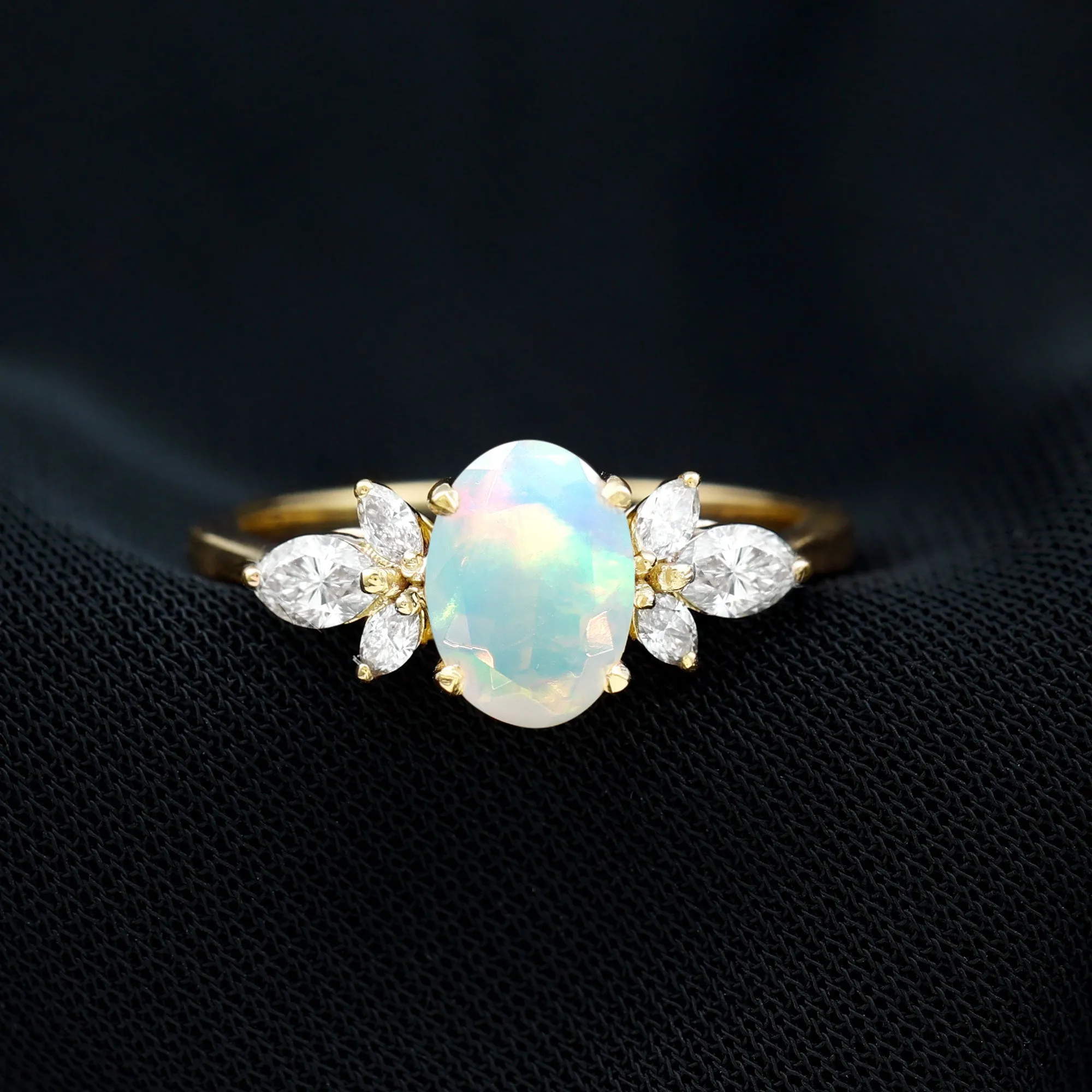 Oval Ethiopian Opal Designer Engagement Ring with Diamond Petal