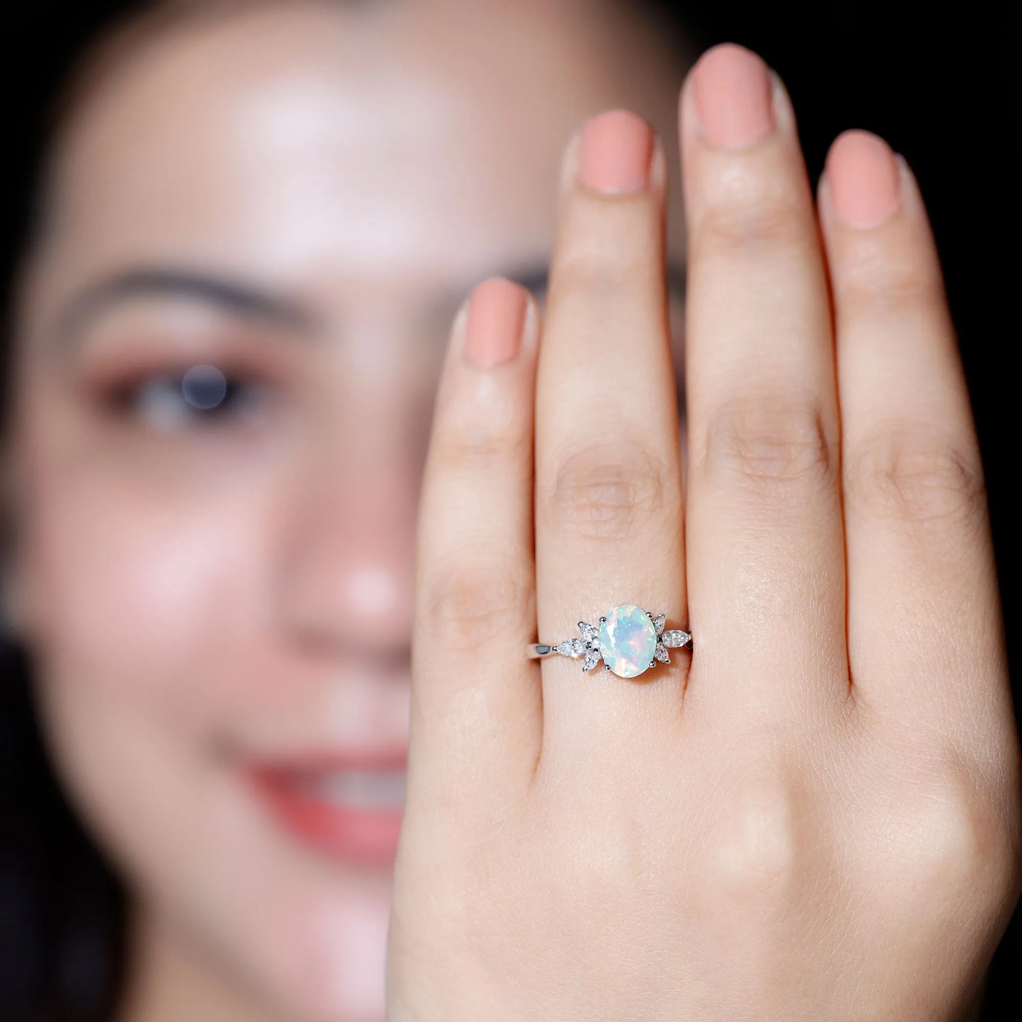 Oval Ethiopian Opal Designer Engagement Ring with Diamond Petal