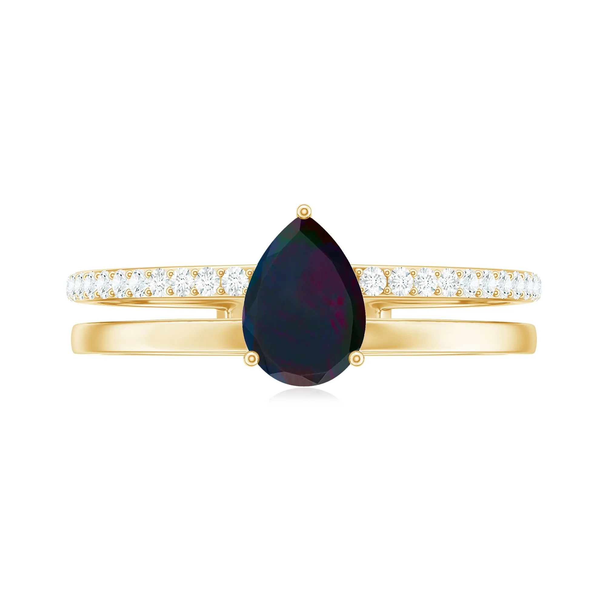 Pear Cut Black Opal and Diamond Double Band Engagement Ring