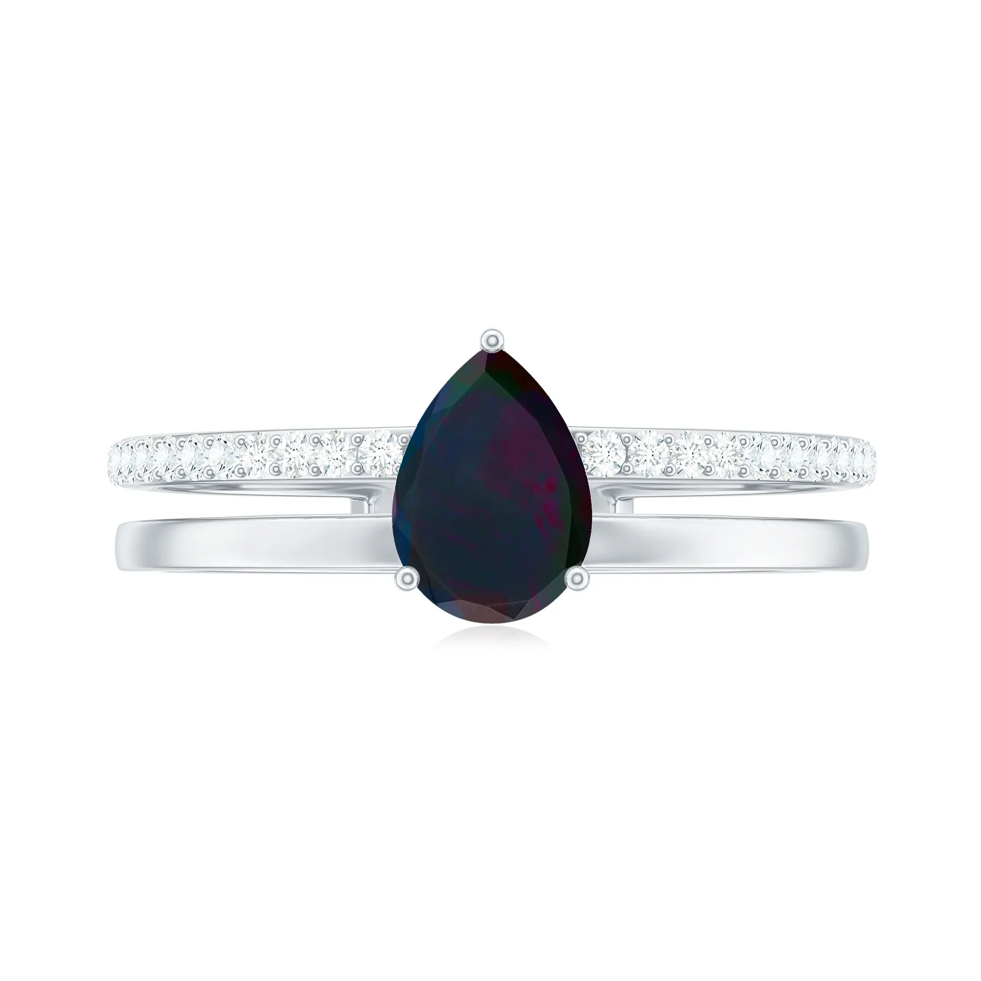 Pear Cut Black Opal and Diamond Double Band Engagement Ring