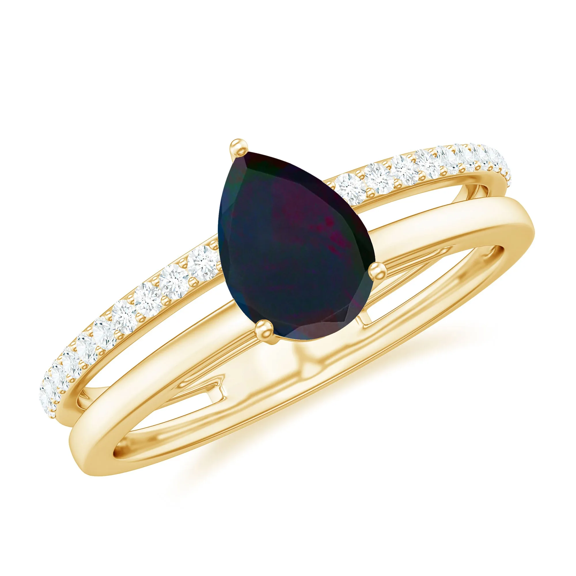 Pear Cut Black Opal and Diamond Double Band Engagement Ring