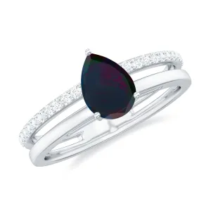 Pear Cut Black Opal and Diamond Double Band Engagement Ring