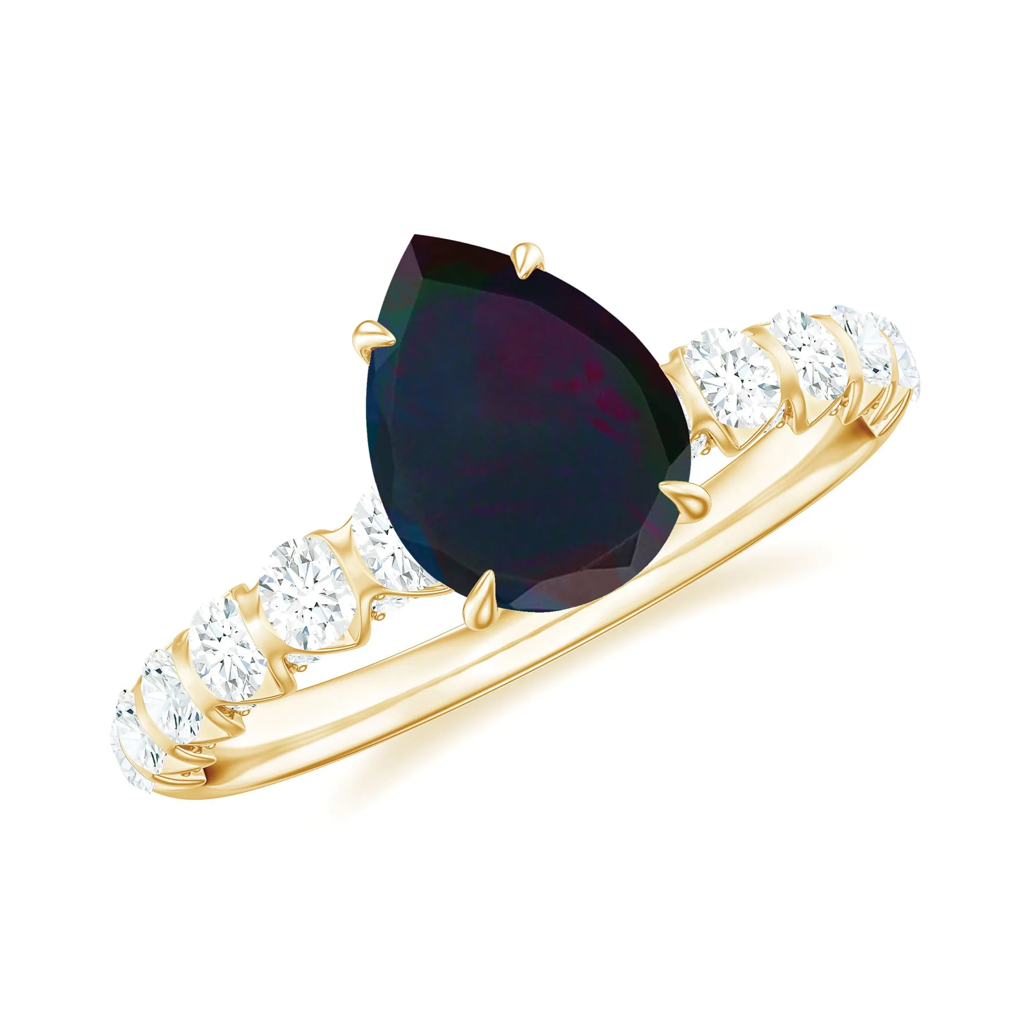 Pear Shape Black Opal Solitaire Engagement Ring with Diamond