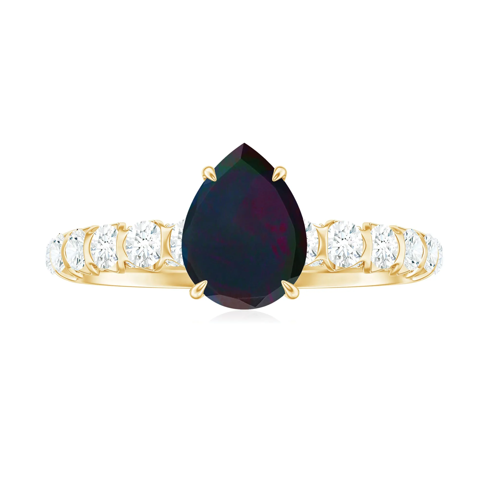 Pear Shape Black Opal Solitaire Engagement Ring with Diamond