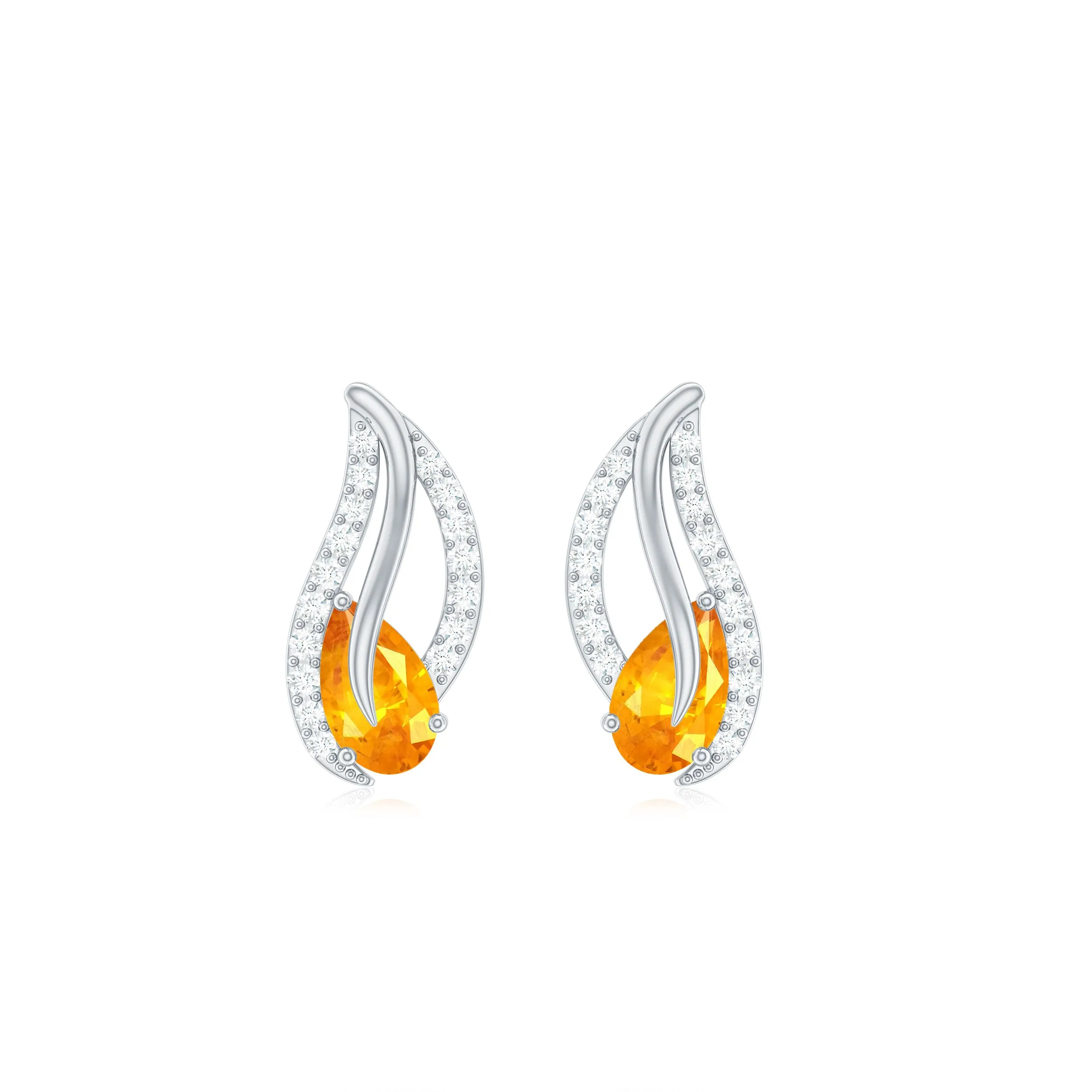 Pear Shape Orange Sapphire and Diamond Leaf Stud Earrings