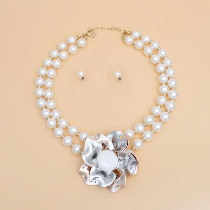 Pearl Necklace Silver Flower Set for Women