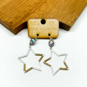 Pink Panache | Silver and Gold Tone Star Earrings with AB Cushion Cut