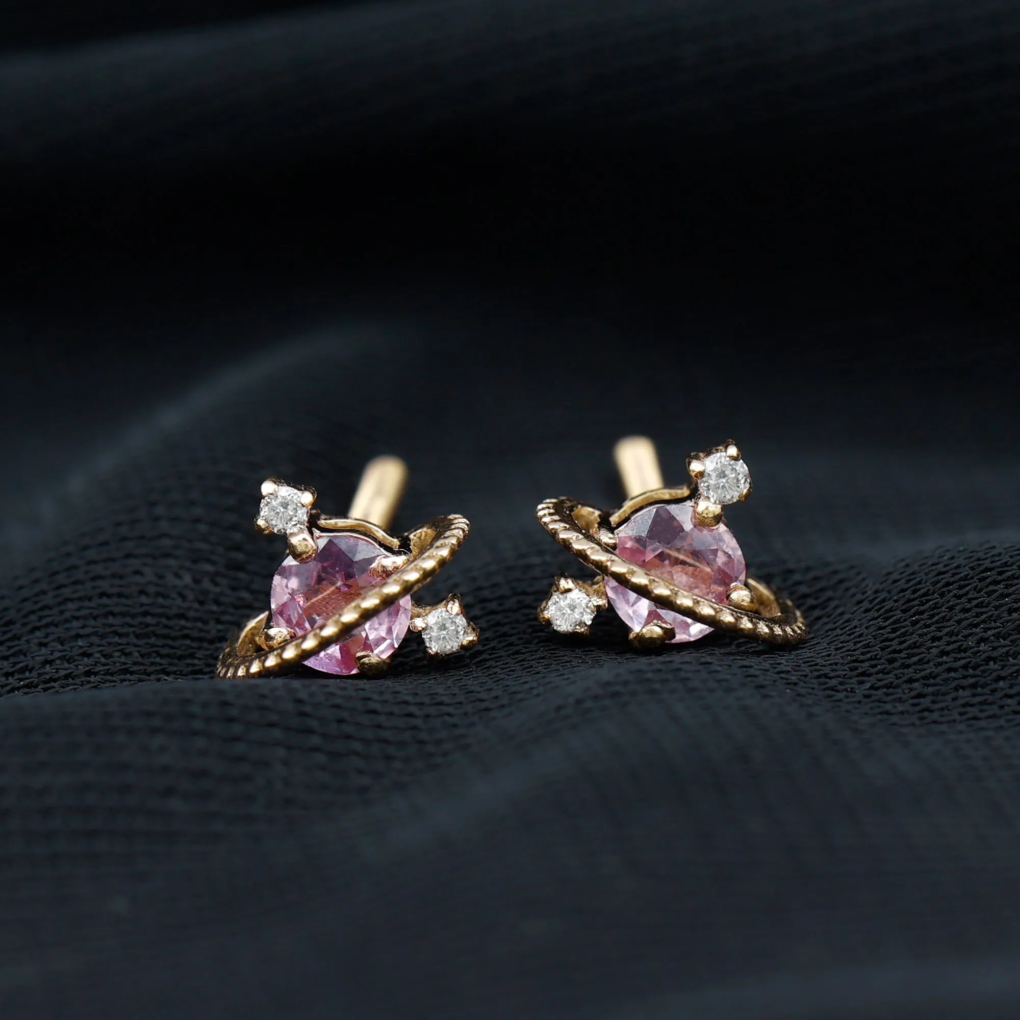 Pink Sapphire Celestial Stud Earrings with Diamond