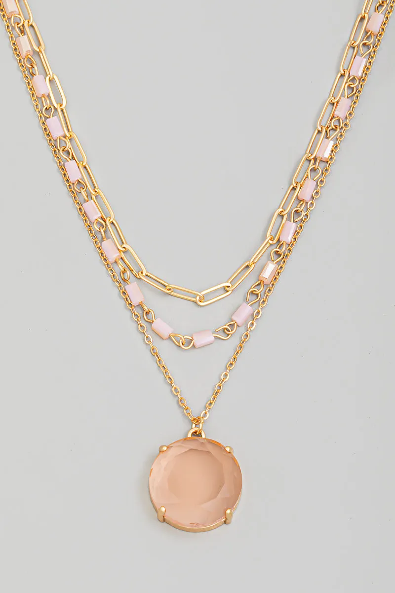 Pink Stone Layered Chain Necklace in Gold