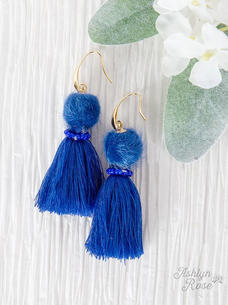 Pom Pom Tassel Earrings, Sapphire