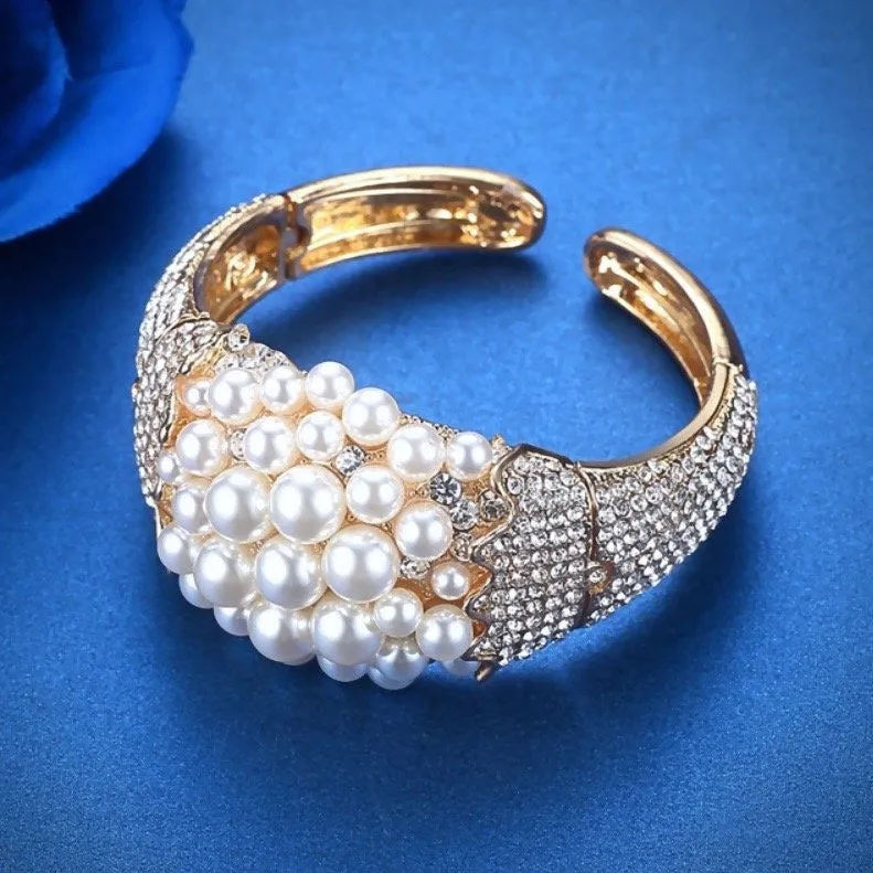 "Crisantha" - Pearl and Cubic Zirconia Gold Bridal Bracelet