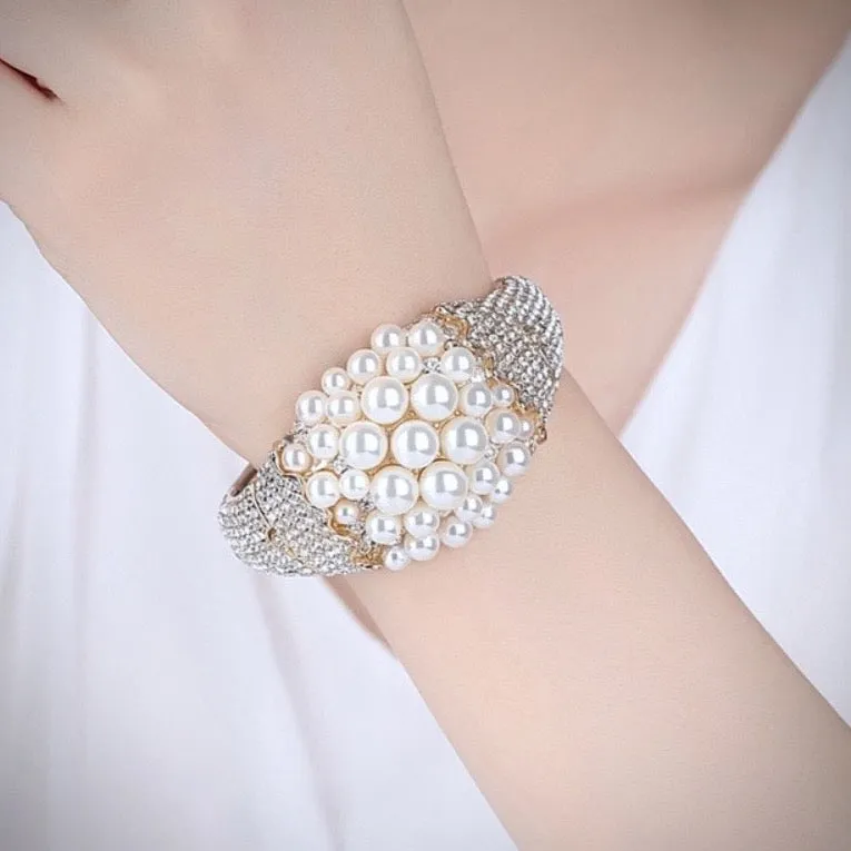 "Crisantha" - Pearl and Cubic Zirconia Gold Bridal Bracelet