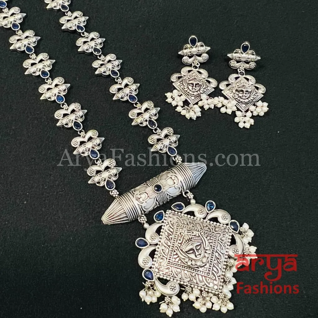 Rabi Oxidized Silver Tribal Pendant Necklace with Chain