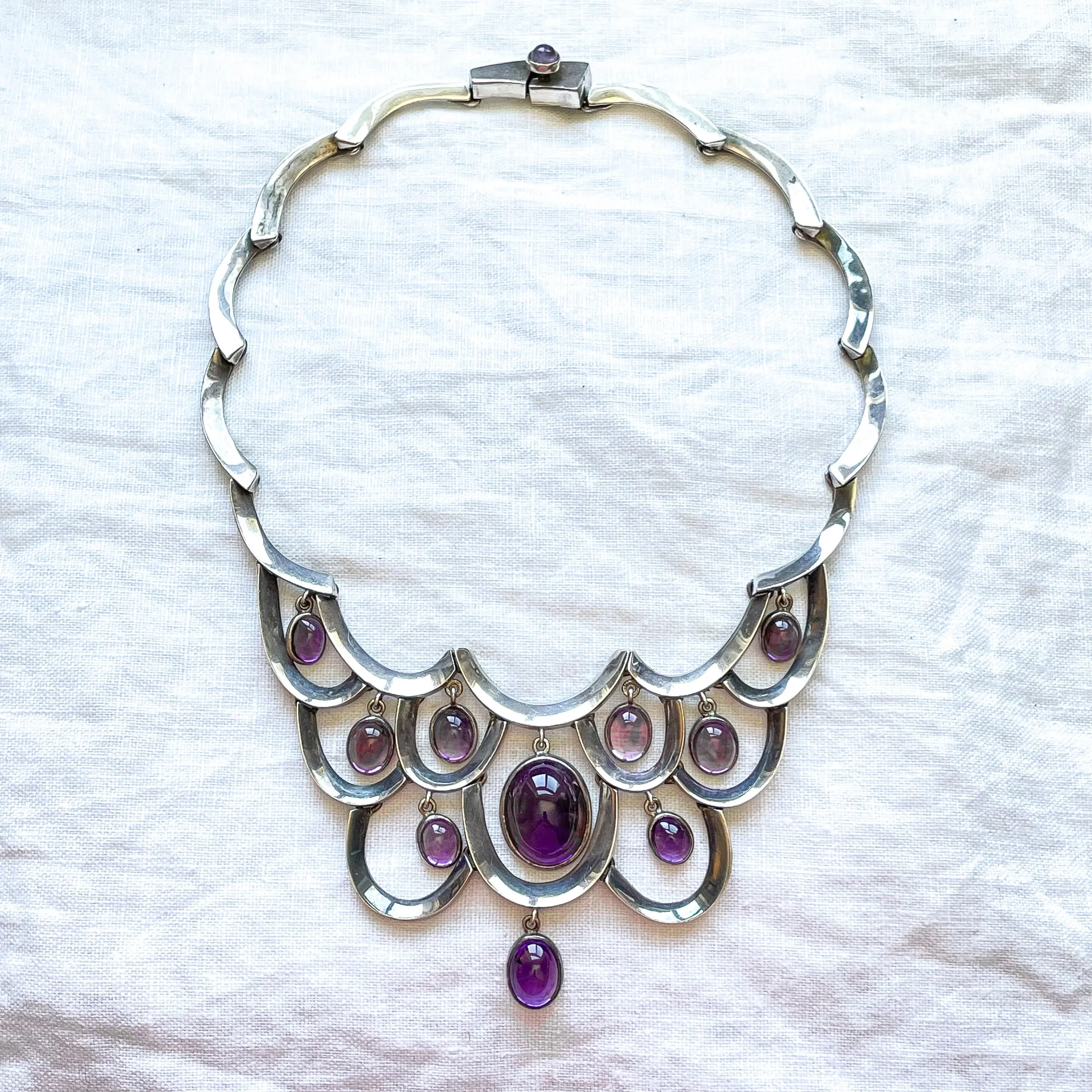 RARE Antonio Pineda 970 Silver Necklace with Amethyst Drops, Taxco Mexico