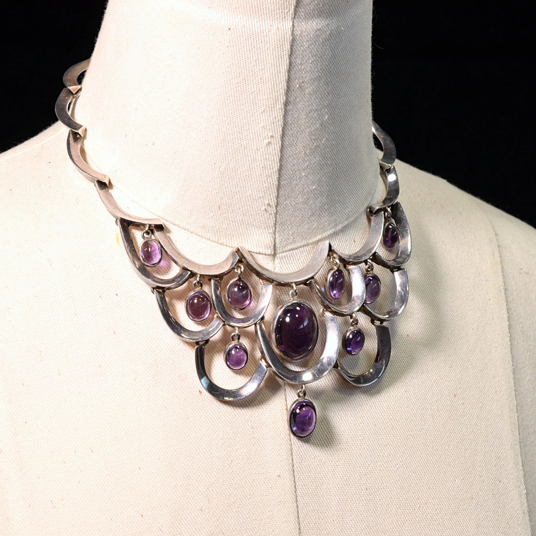 RARE Antonio Pineda 970 Silver Necklace with Amethyst Drops, Taxco Mexico