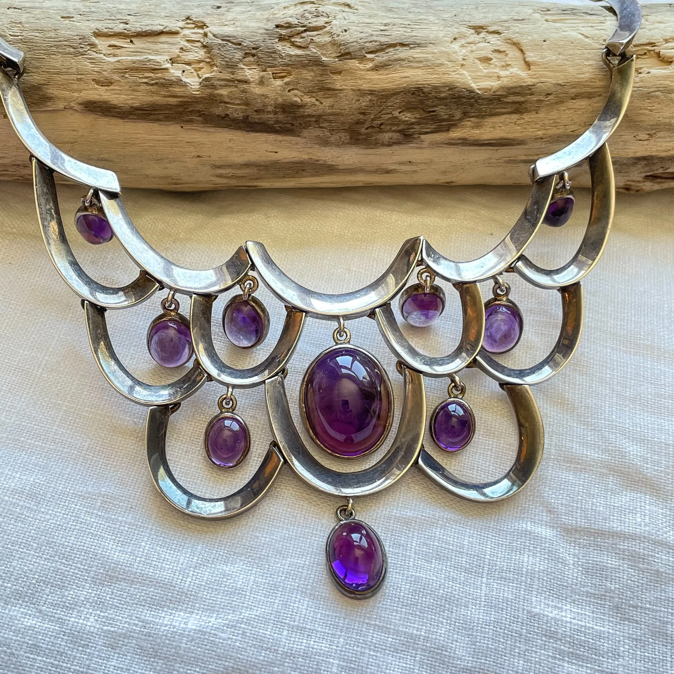 RARE Antonio Pineda 970 Silver Necklace with Amethyst Drops, Taxco Mexico