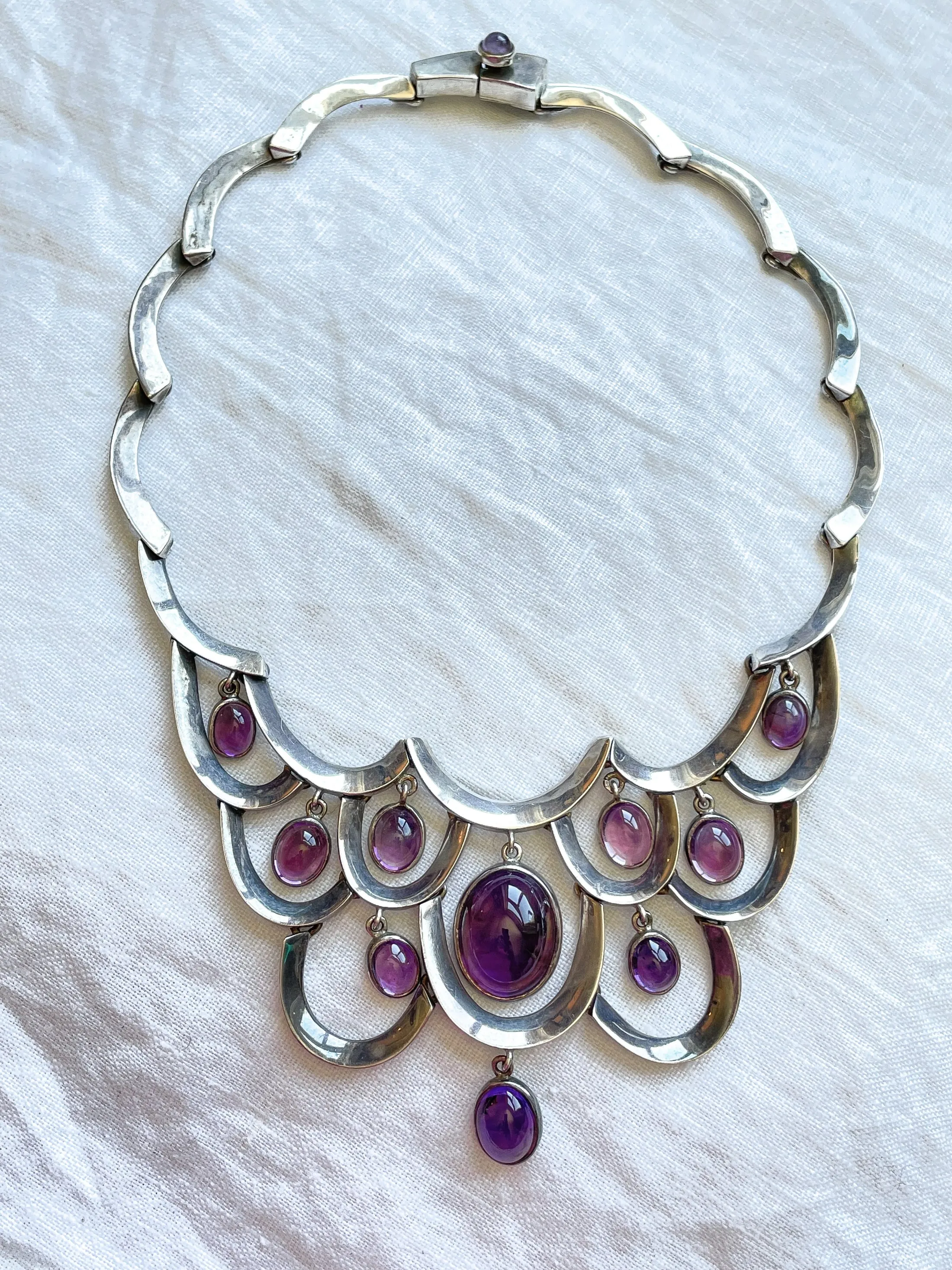 RARE Antonio Pineda 970 Silver Necklace with Amethyst Drops, Taxco Mexico