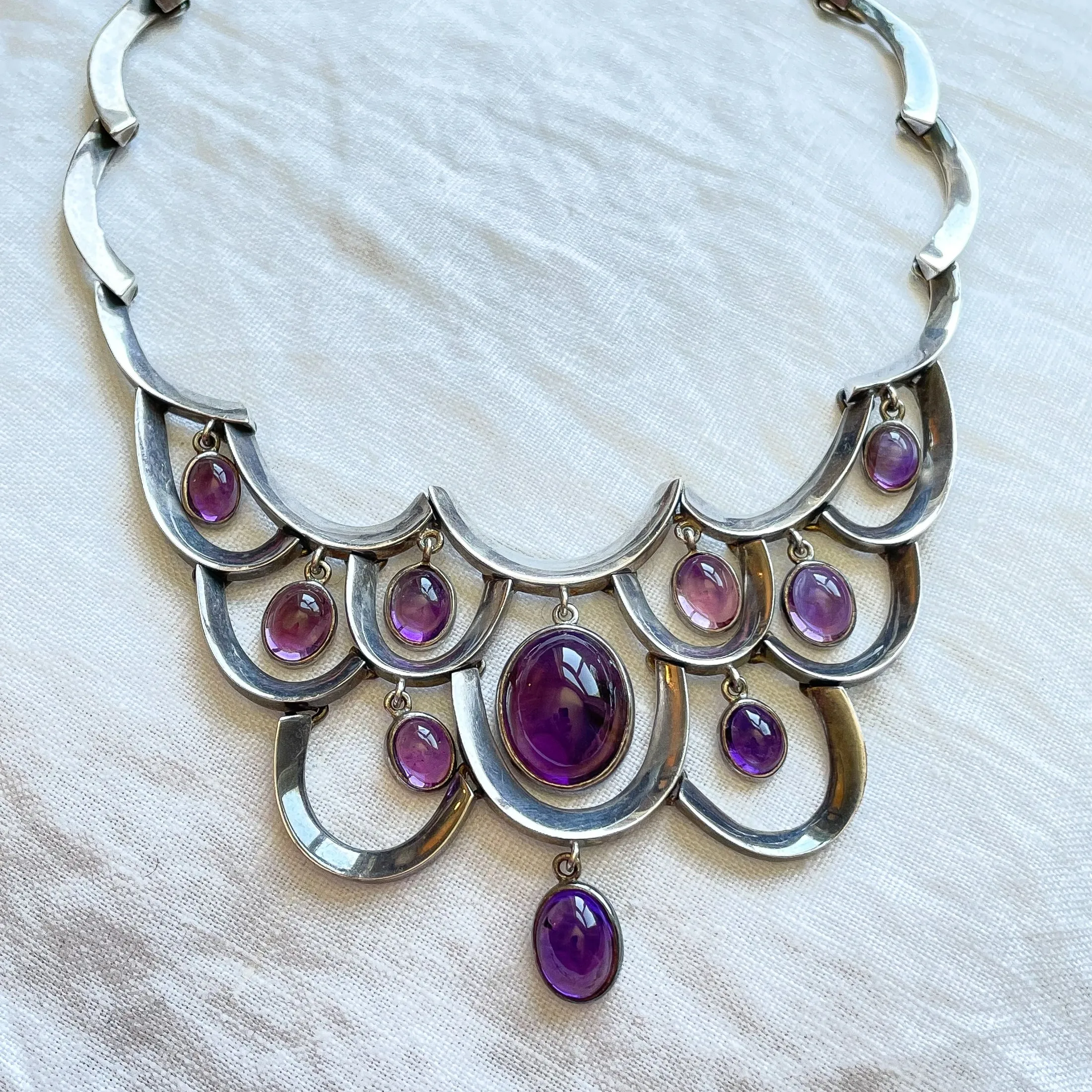 RARE Antonio Pineda 970 Silver Necklace with Amethyst Drops, Taxco Mexico