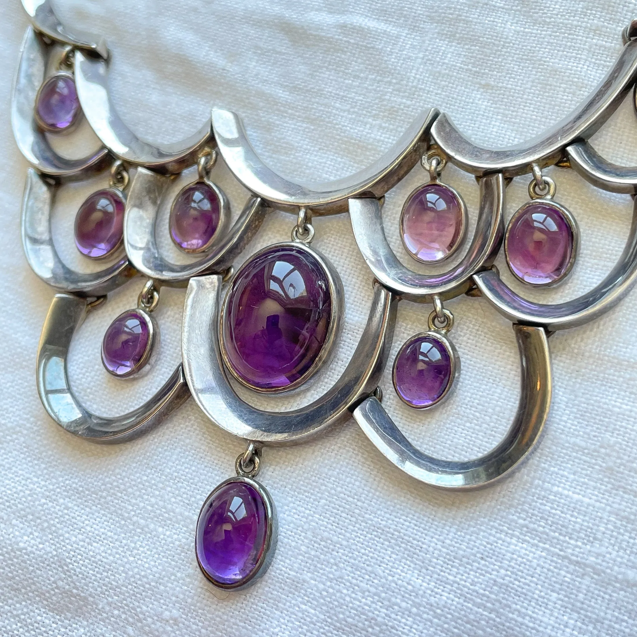 RARE Antonio Pineda 970 Silver Necklace with Amethyst Drops, Taxco Mexico