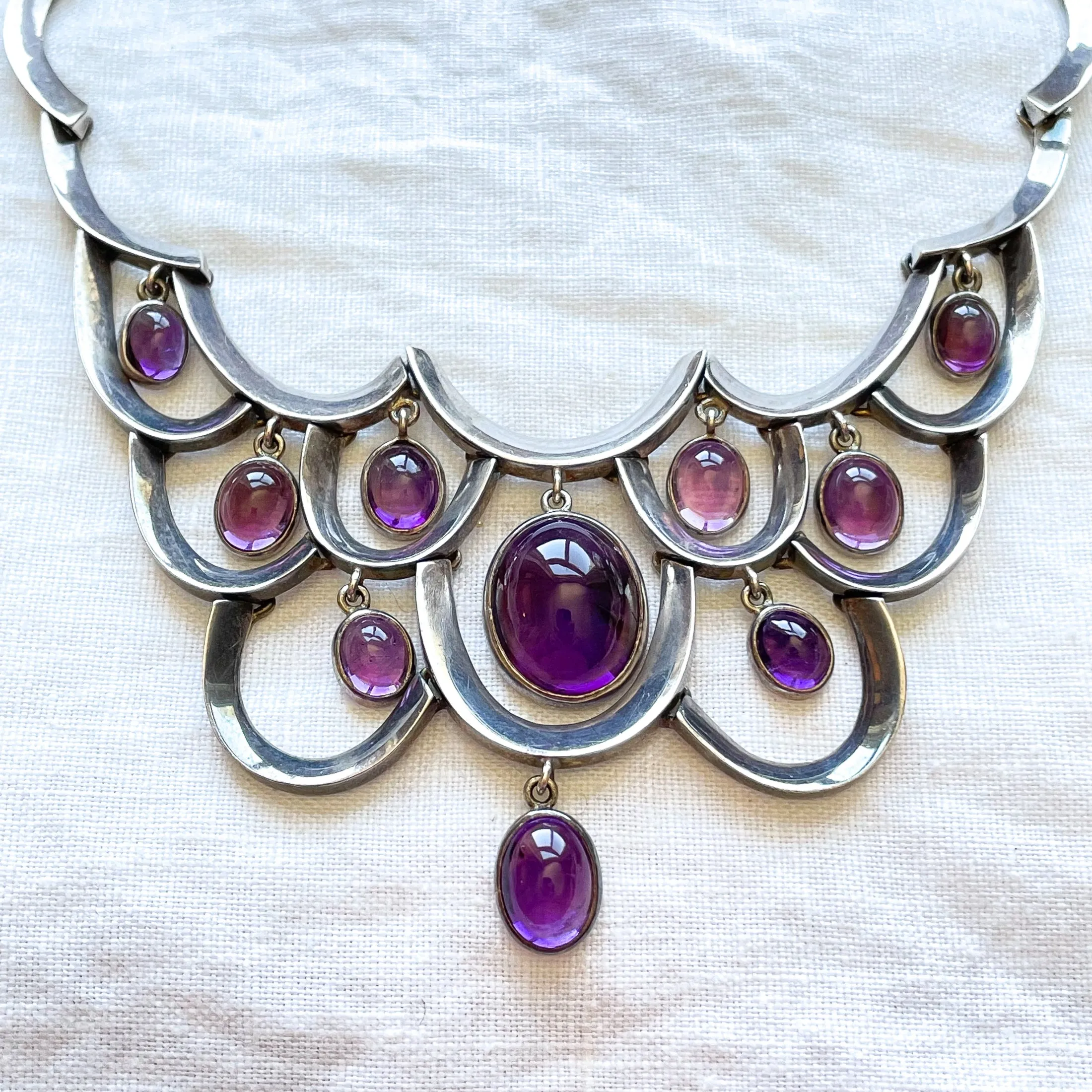 RARE Antonio Pineda 970 Silver Necklace with Amethyst Drops, Taxco Mexico