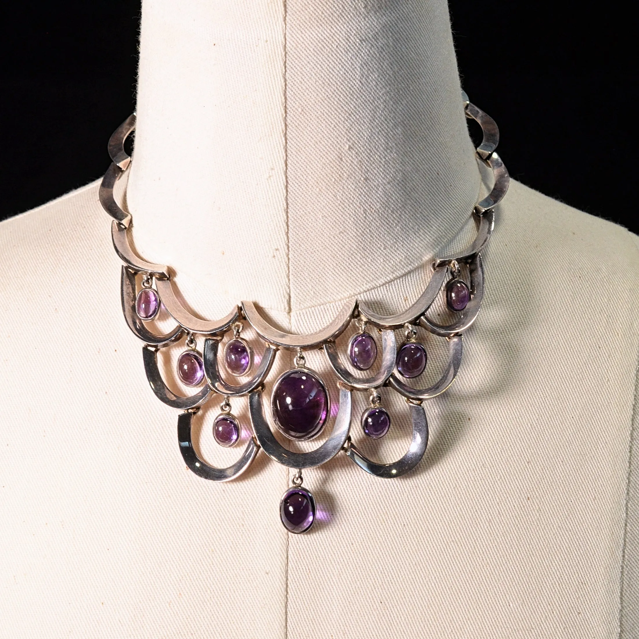 RARE Antonio Pineda 970 Silver Necklace with Amethyst Drops, Taxco Mexico