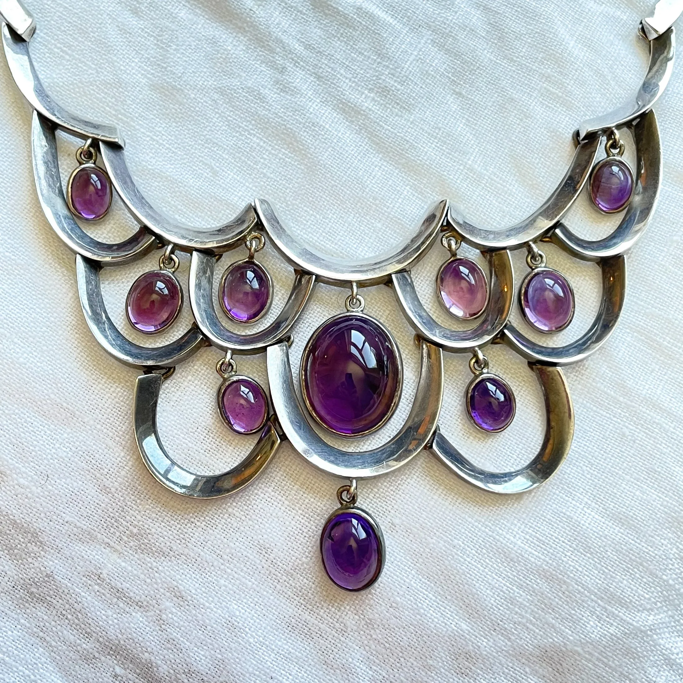 RARE Antonio Pineda 970 Silver Necklace with Amethyst Drops, Taxco Mexico